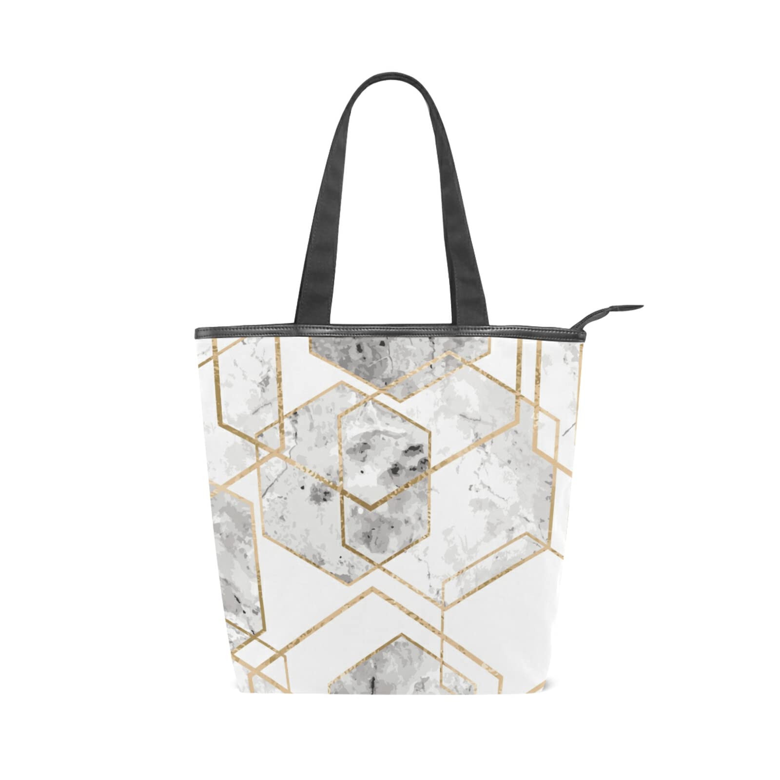 Stylish Marble Geometric Print Canvas & Leather Tote Bag for Women - Fashionable Shoulder Bag, Hobo Purse & Satchel Handbag - Perfect for Work, Travel & Daily Use (226na6a)