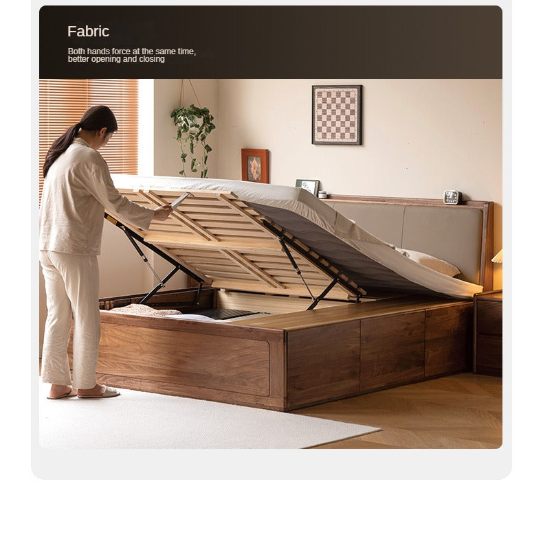 Solid Black Walnut Wood Leather-Upholstered Drawer Box Bed - Nordic Style Platform Bed with Storage for Modern Bedroom