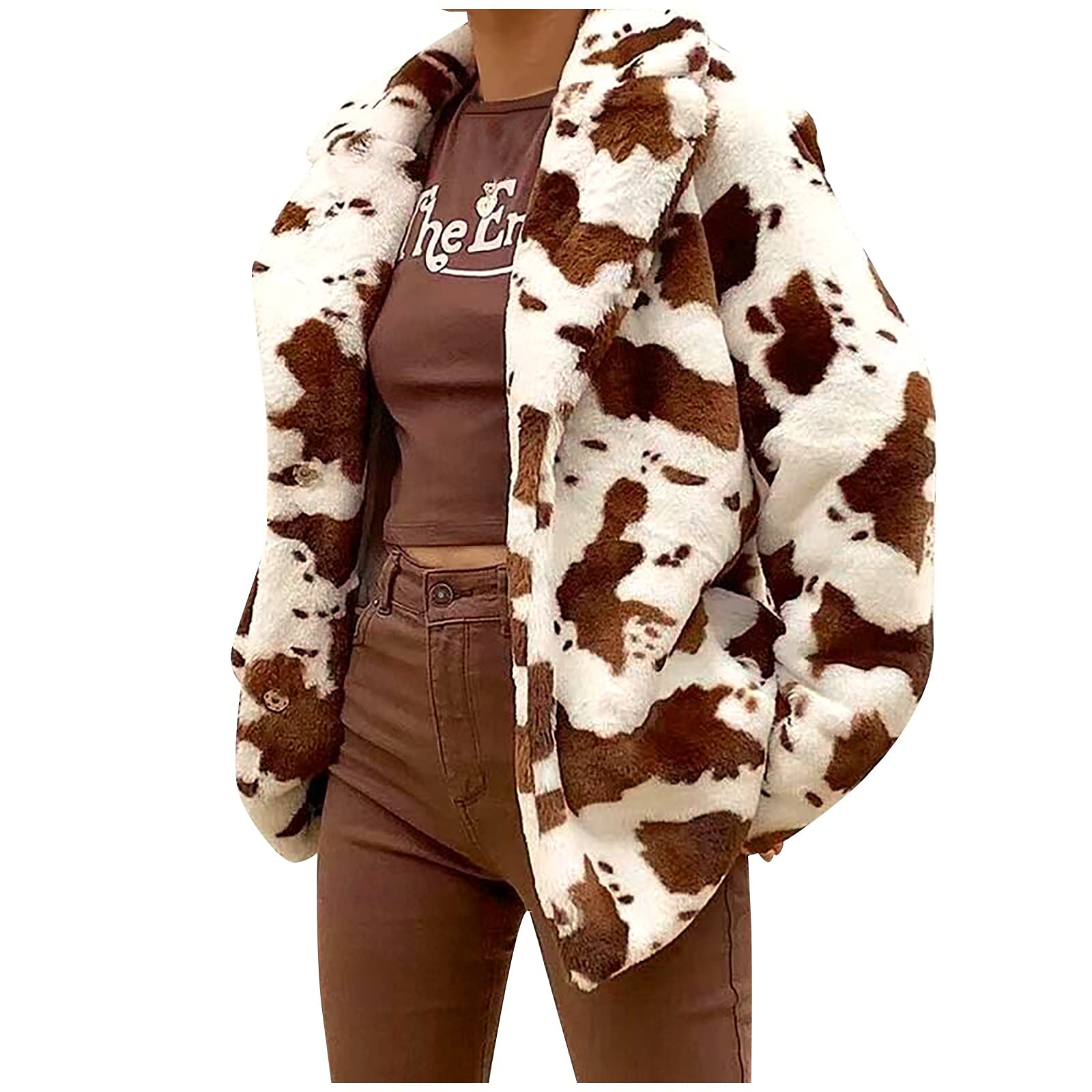 Women's Thick Faux Fur Cow Print Jacket - Plush Lapel Long Sleeve Winter Coat with Soft Vest | Warm & Stylish Outerwear for Fall and Winter Fashion
