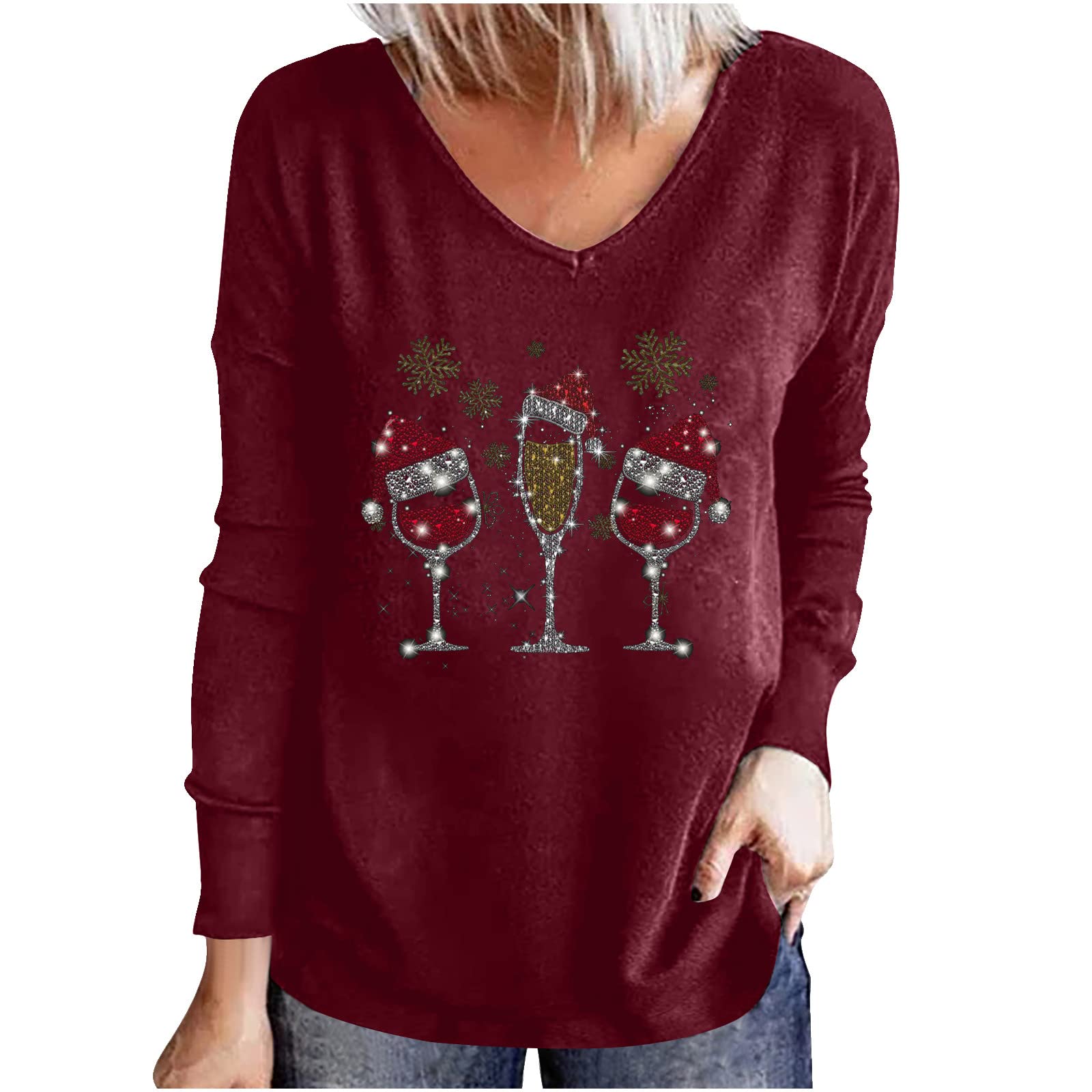 Women's V-Neck Loose Graphic T-Shirt - Christmas Wine Glass Print Holiday Blouse, Casual Long Sleeve Tunic Top for Party, Gift & Winter Outfits