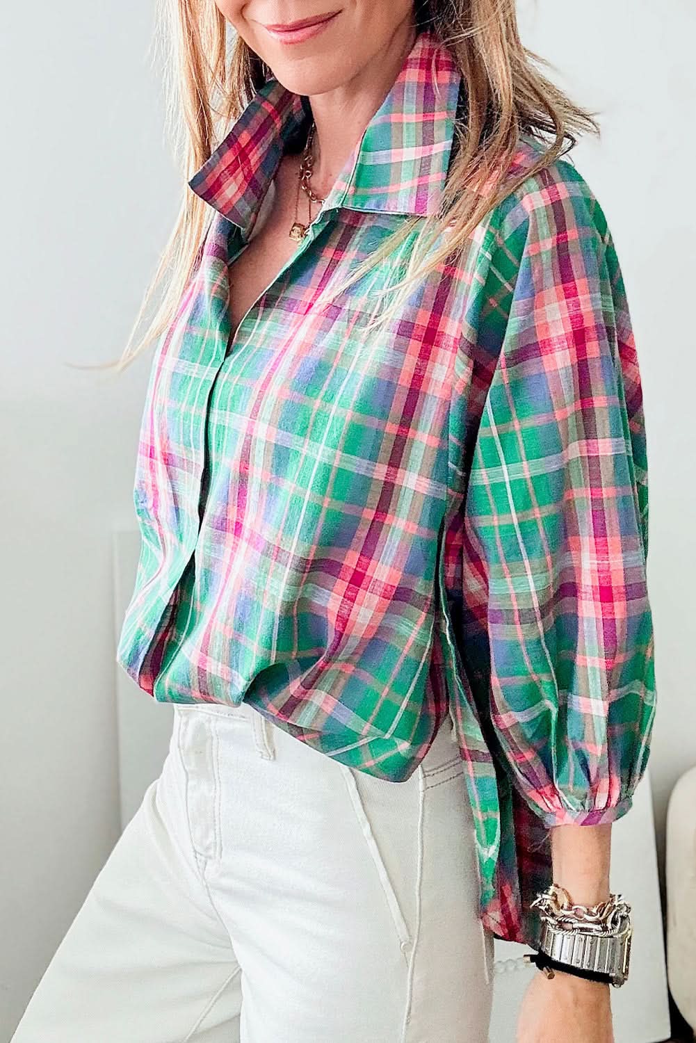 Stylish Green Plaid Casual Shirt with 3/4 Sleeves - Perfect for Spring Outfits & Office Wear