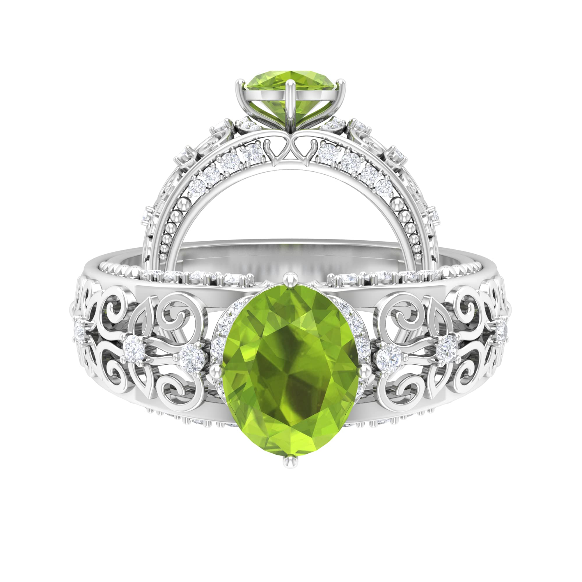 2 CT Oval Cut Peridot and Diamond Engagement Ring for Women - 14K Solid Gold Filigree Wedding Band with Diamond Accent | Perfect for Proposals, Anniversaries & Special Occasions