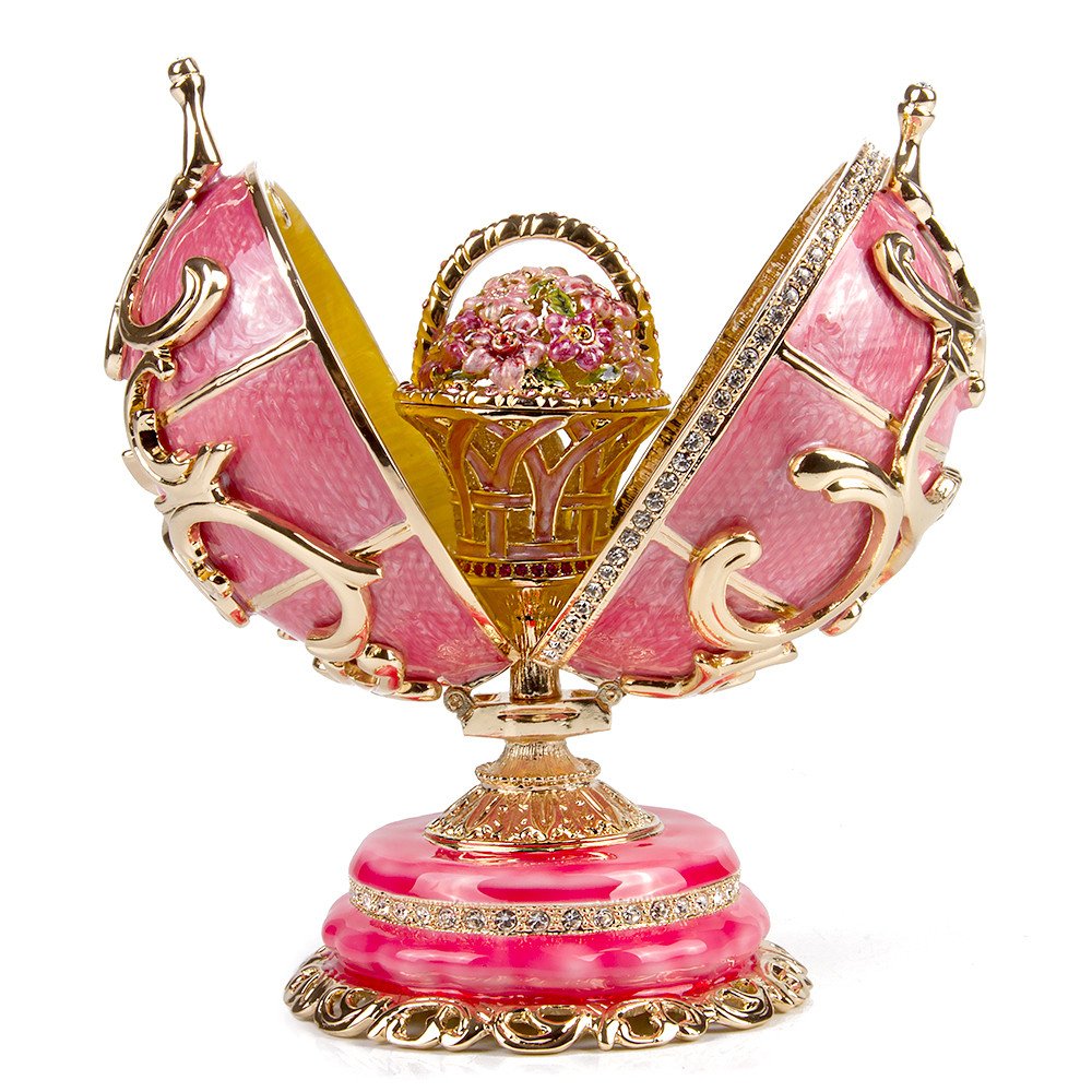Exquisite Floral Basket Double Faberge Style Crystal Egg - Pink Limited Edition Collectible Jewelry Box | Easter Decoration, Home Decor, Luxury Gift for Special Occasions