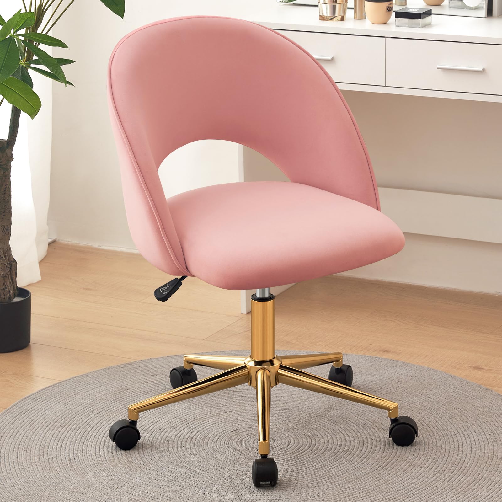 Furniliving Pink Vanity Chair with Back - Cute Rolling Upholstered Accent Chair for Girls, Makeup Room, Bedroom & Living Room - Soft Pink Velvet Office Desk Chair for Women's Dressing Table & Home Decor