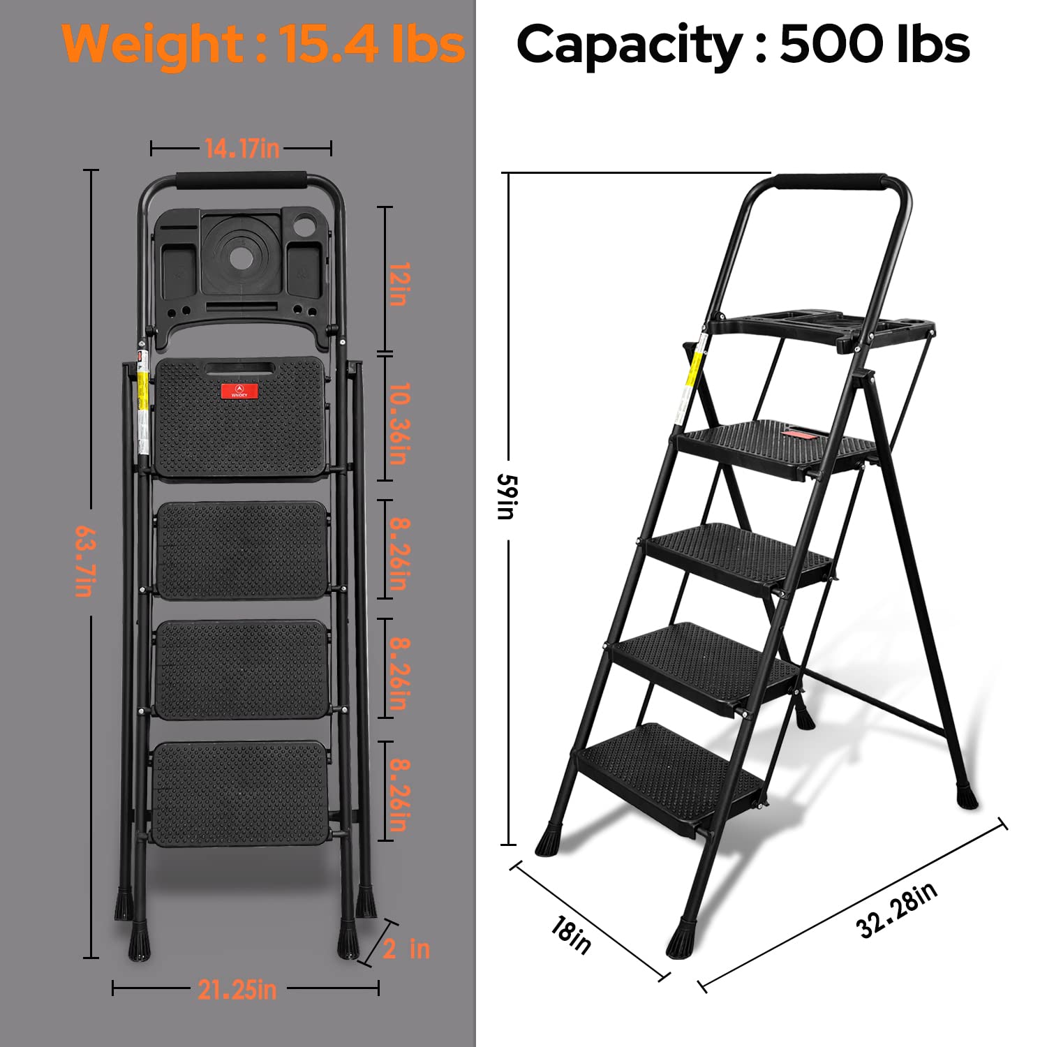 4 Step Ladder with Tool Platform - 500lbs Capacity Folding Step Stool, Wide Anti-Slip Pedal & Lightweight Steel Frame for Home, Garage & Workshop - Portable Black Step Ladder for Adults (Ideal for Painting, Shelving & DIY Projects)