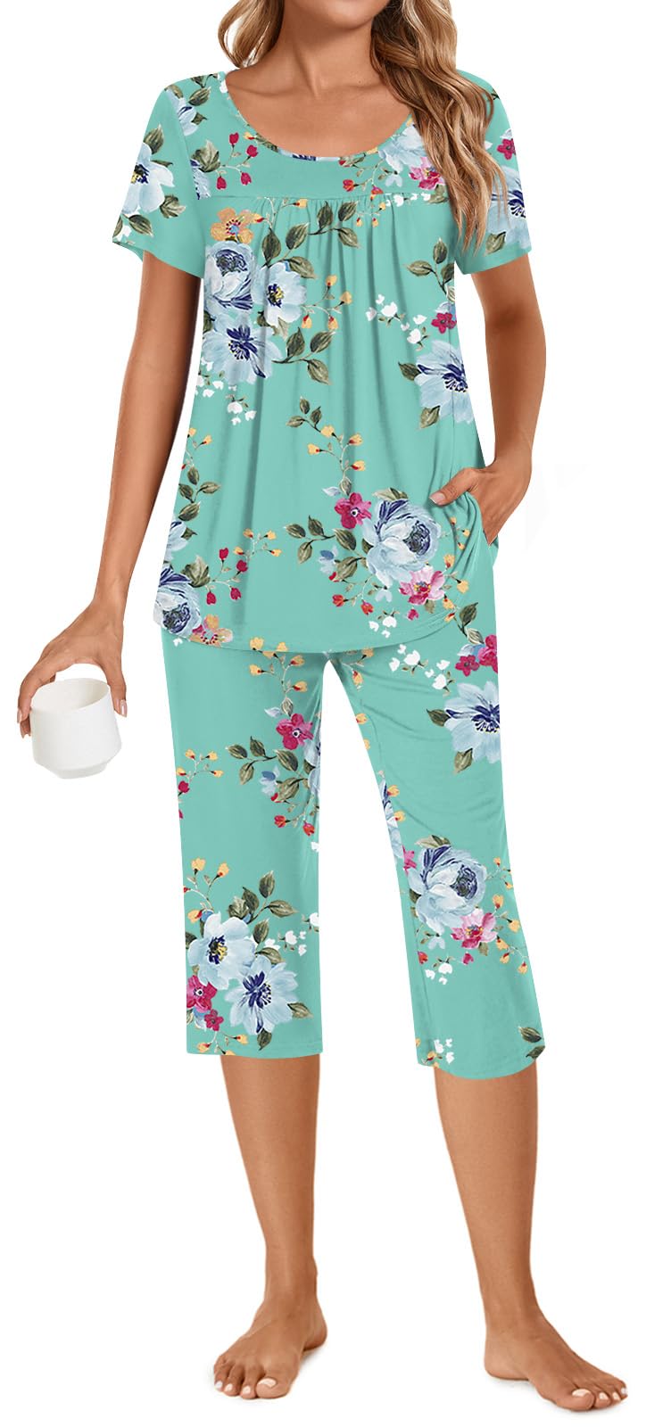 POPYOUNG Women's Summer Pajama Set - Soft 2-Piece Sleepwear with Pockets, Comfortable Short Sleeve & Capri Pajamas for Lounge, Sleep & Relaxation at Home