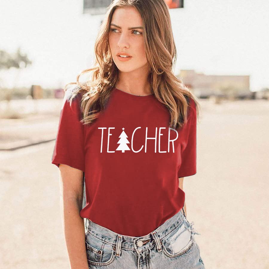 BANGELY Women's Christmas Teacher Shirt - Cute Tree Graphic Holiday Tee, Short Sleeve Xmas Top (Perfect Gift for Teachers, Holiday Parties & School Events)
