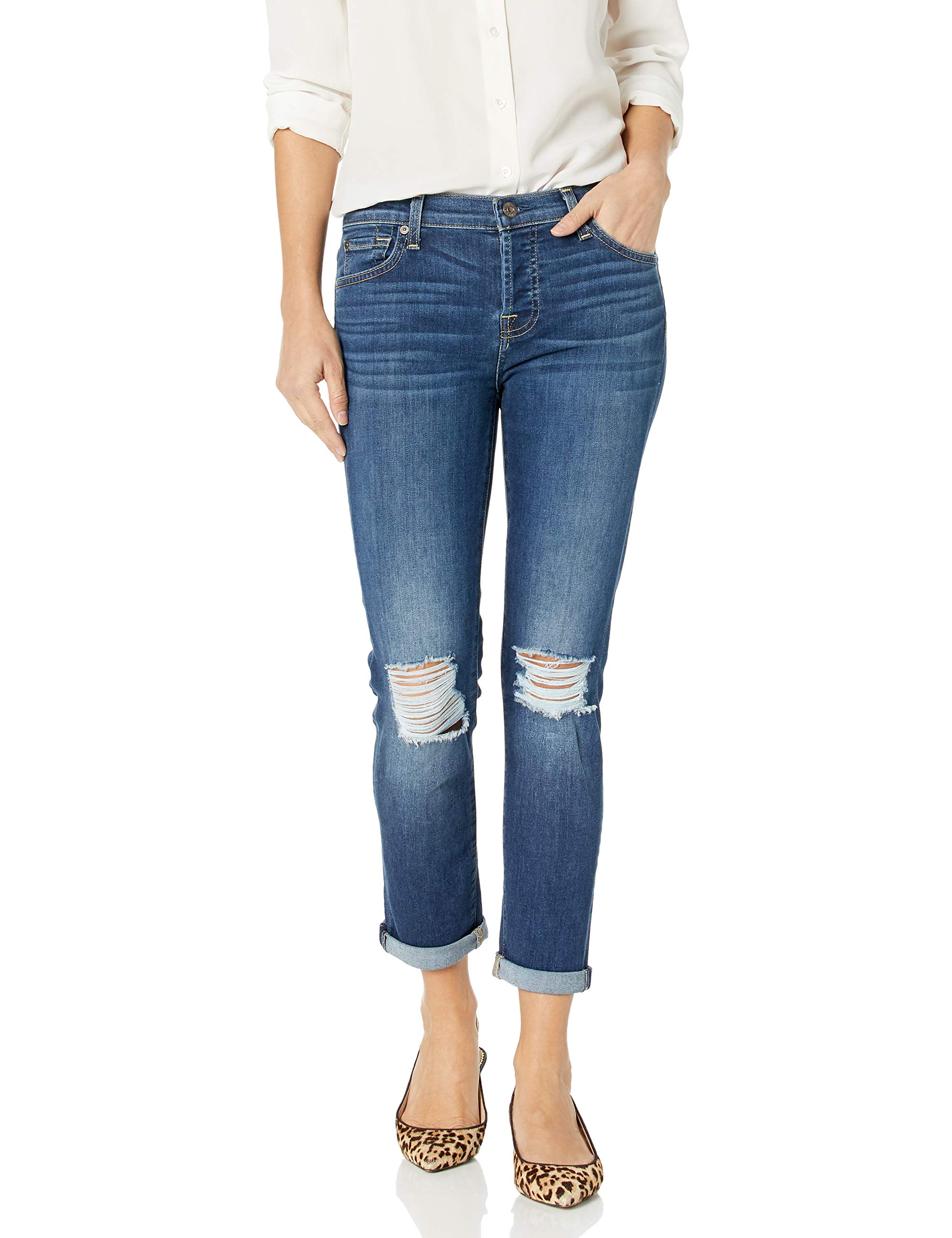 7 For All Mankind Women's Destroyed Josefina Boyfriend Mid Rise Jeans - Distressed Denim for Casual Wear & Everyday Outfits