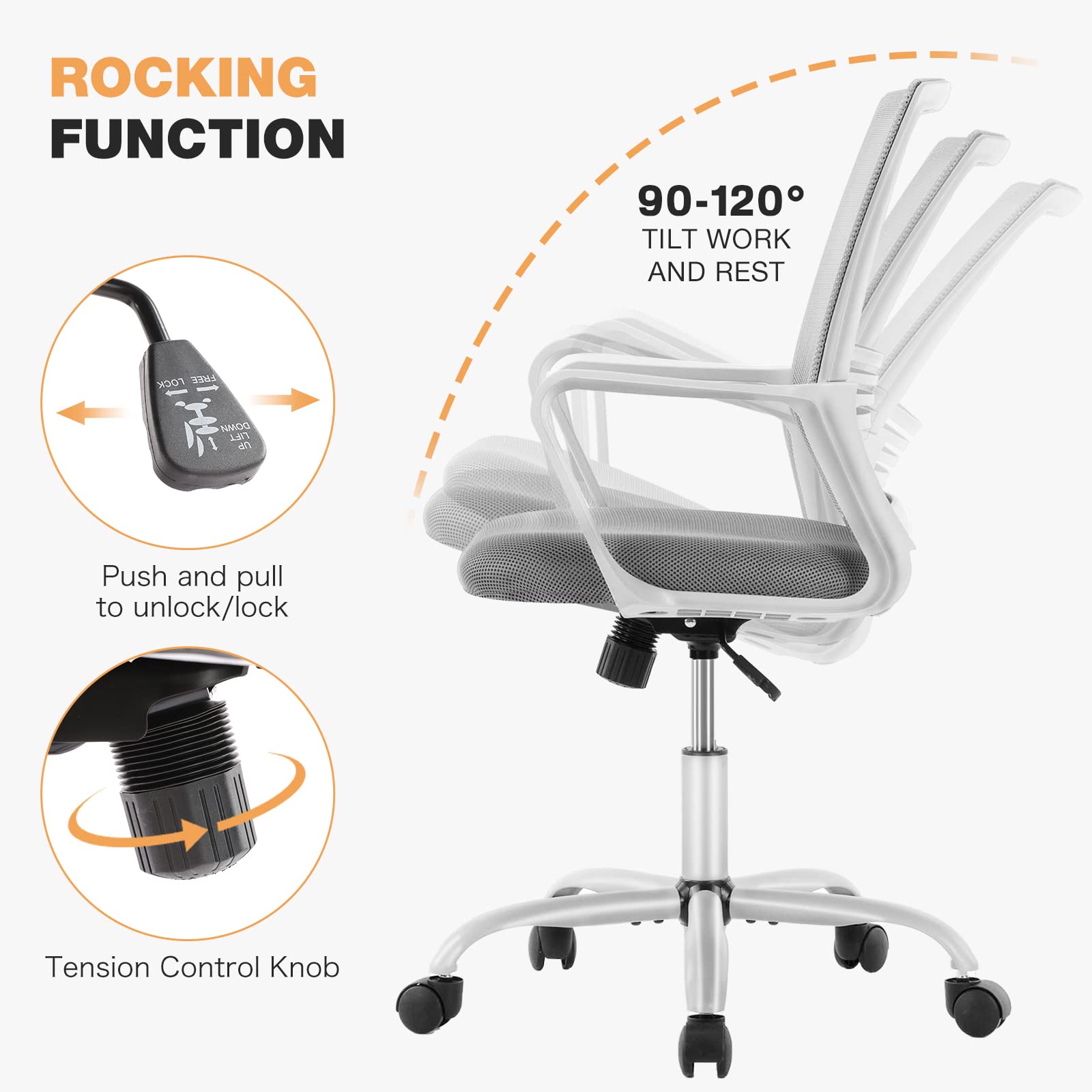 Ergonomic Office Chair with Lumbar Support - Adjustable Mesh Back, Swivel & Rolling Computer Desk Chair for Home & Office - Grey Mid Back Task Chair with Armrests - Perfect for Long Work Hours, Gaming & Study Sessions