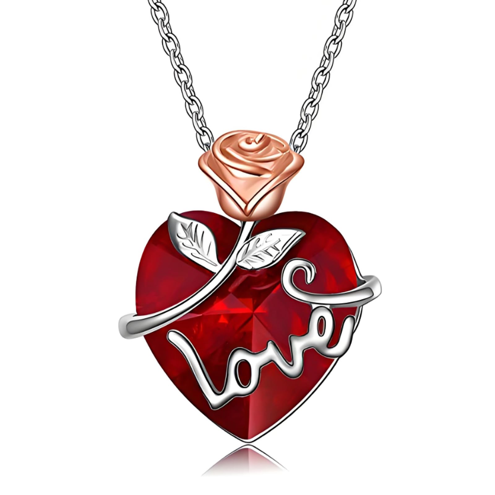 AOBOCO Rose Flower Crystal Pendant Necklace for Women - Sterling Silver Romantic Love Jewelry Gift for Anniversary, Valentine's Day & Birthday - Perfect for Date Night, Wedding & Special Occasions