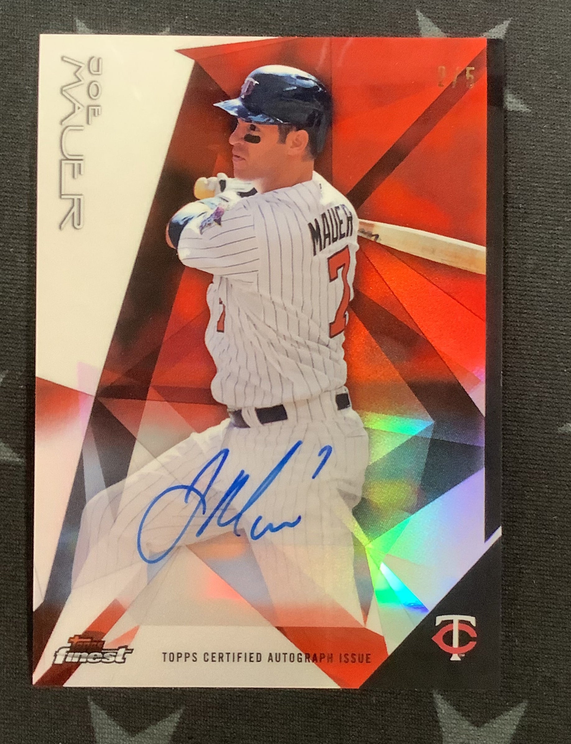 2015 Topps Finest Joe Mauer Autograph Red #2/5 Twins Baseball Card - Rare Collectible for Sports Memorabilia & Trading Card Enthusiasts - Perfect for Display, Investment, and Gifts