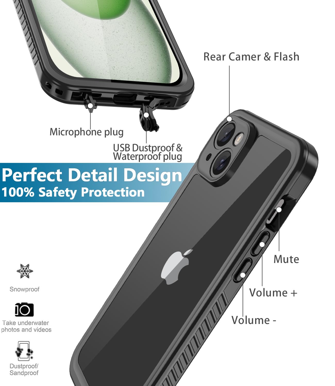 **iPhone 15 Waterproof Case 10FT - Military Grade Shockproof & Dustproof Protection with Built-in Screen Protector | Magsafe Compatible | Heavy Duty Phone Cover for Outdoor, Swimming & Extreme Sports (Black-FS)**