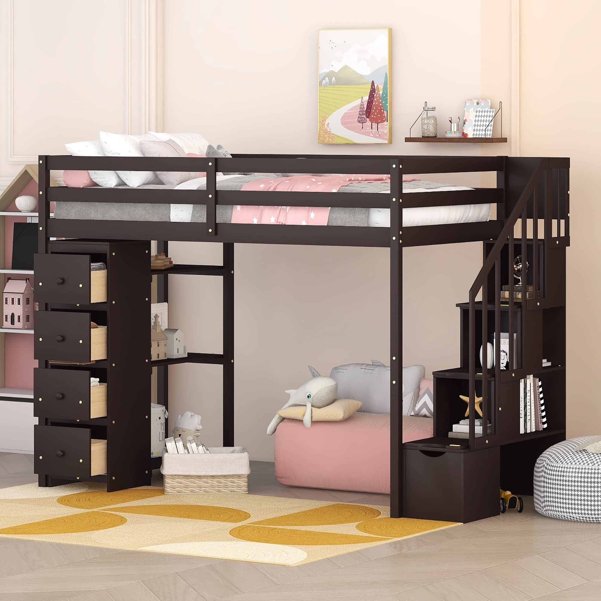 Merax Twin-Size Wooden Loft Bed with Storage Drawers, Stairs & Shelves - Space-Saving Kids & Teens Bedroom Furniture for Small Rooms - Espresso Finish