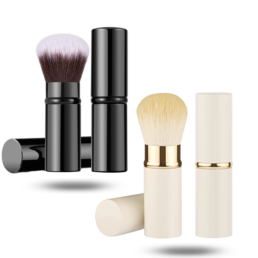 2 Pack Retractable Makeup Brush Set - Telescopic Kabuki Brush for Face Powder, Foundation & Blush | Portable Travel Makeup Brushes (Black & White) | Perfect for On-The-Go Touchups & Compact Makeup Kits
