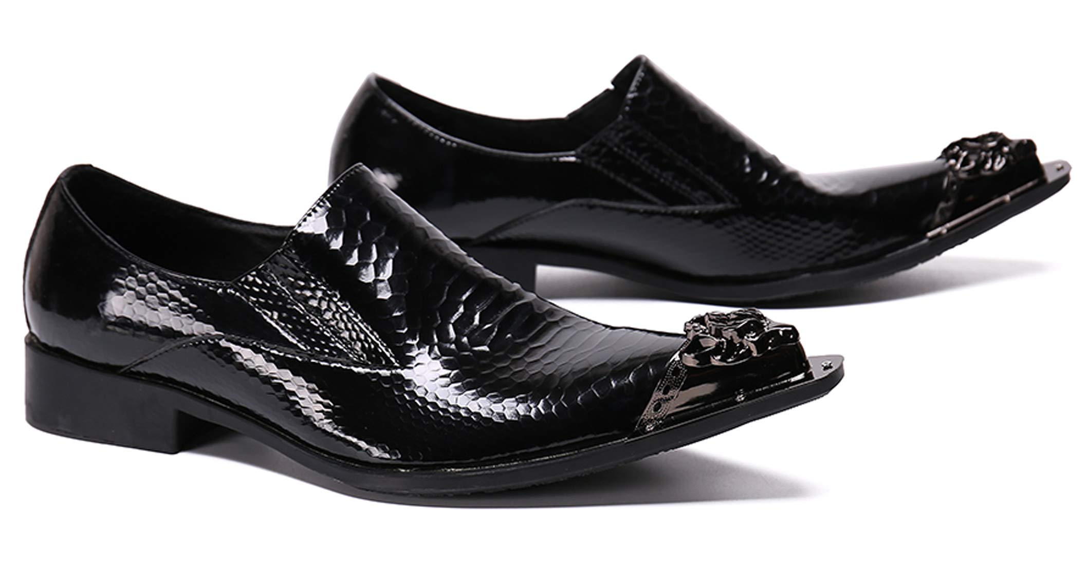 Santimon Men's Pointed Toe Loafers - Shiny Patent Leather Dress Shoes with Stylish Metal Tip for Western Fashion | Perfect for Business, Office & Formal Occasions