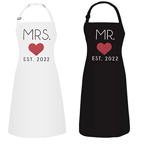 Mr. and Mrs. Couples Kitchen Aprons Set - 2-Piece Cute Cooking Bibs for Newlyweds - Perfect Wedding Gift for Couples Cooking Together at Home