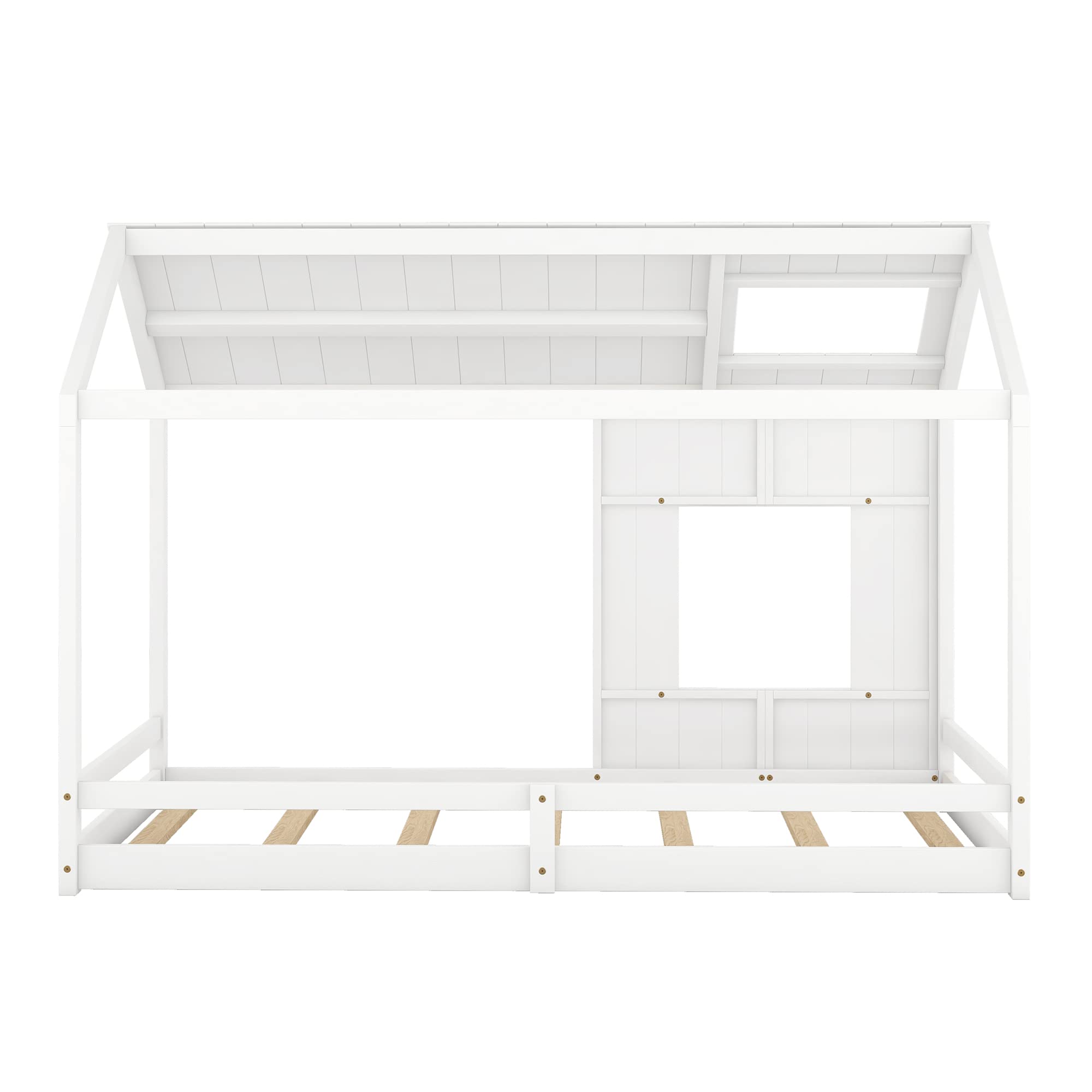 Montessori Twin Size Floor Bed with Roof & Window - Solid Wood Platform Bed Frame for Kids, Teens, Girls & Boys - White - Perfect for Playrooms, Bedrooms & Montessori Learning Spaces