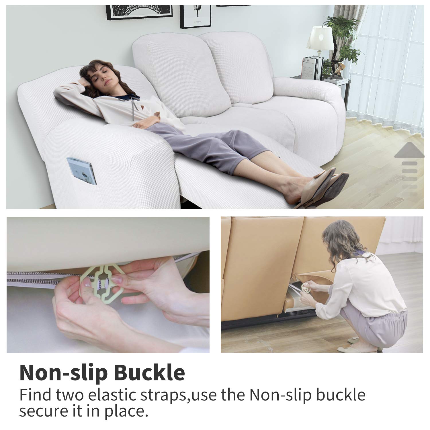 8-Piece Recliner Sofa Slipcover Set - Stretchable Furniture Protector with Elastic Bottom, Soft Spandex Jacquard Fabric (Snow White Small Checks) - Perfect for Living Room, Family Gatherings & Pet-Friendly Homes