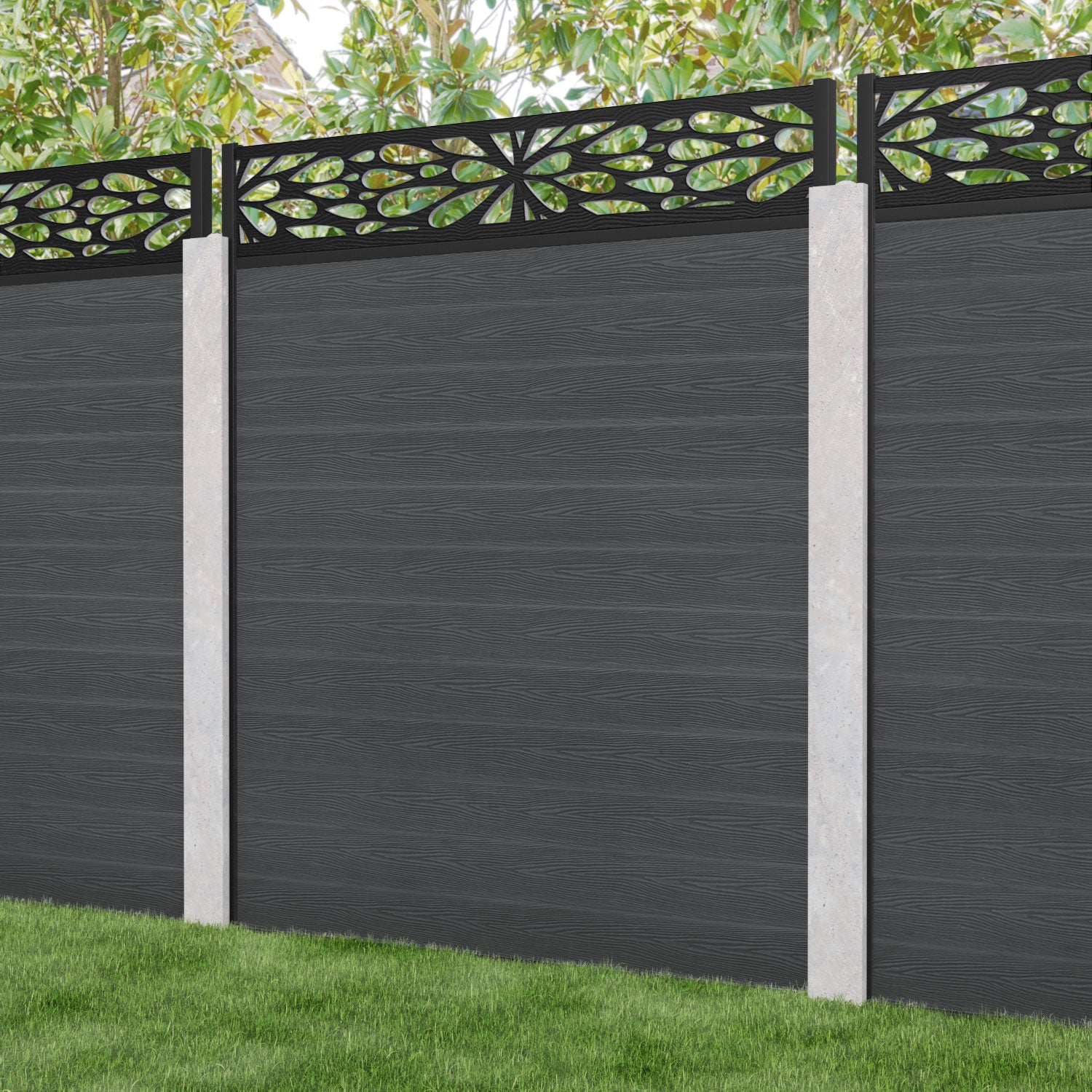 Classic Blossom Fence Panel - Dark Grey Privacy Screen for Concrete Posts | Outdoor Garden Decoration & Backyard Boundary Solution