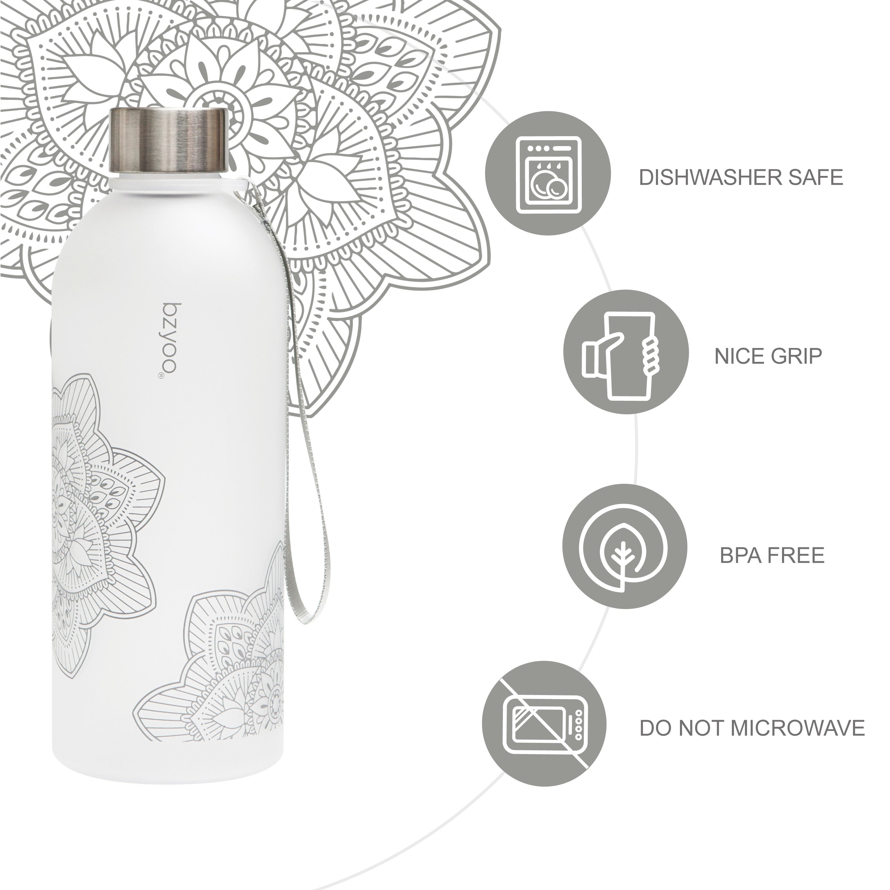32oz La La Mandala Time Marker Tritan Water Bottle with Carrying Strap - BPA Free, Leak Proof, Motivational Water Tracking - Perfect for Gym, Yoga, Hiking & Daily Hydration (Silver)