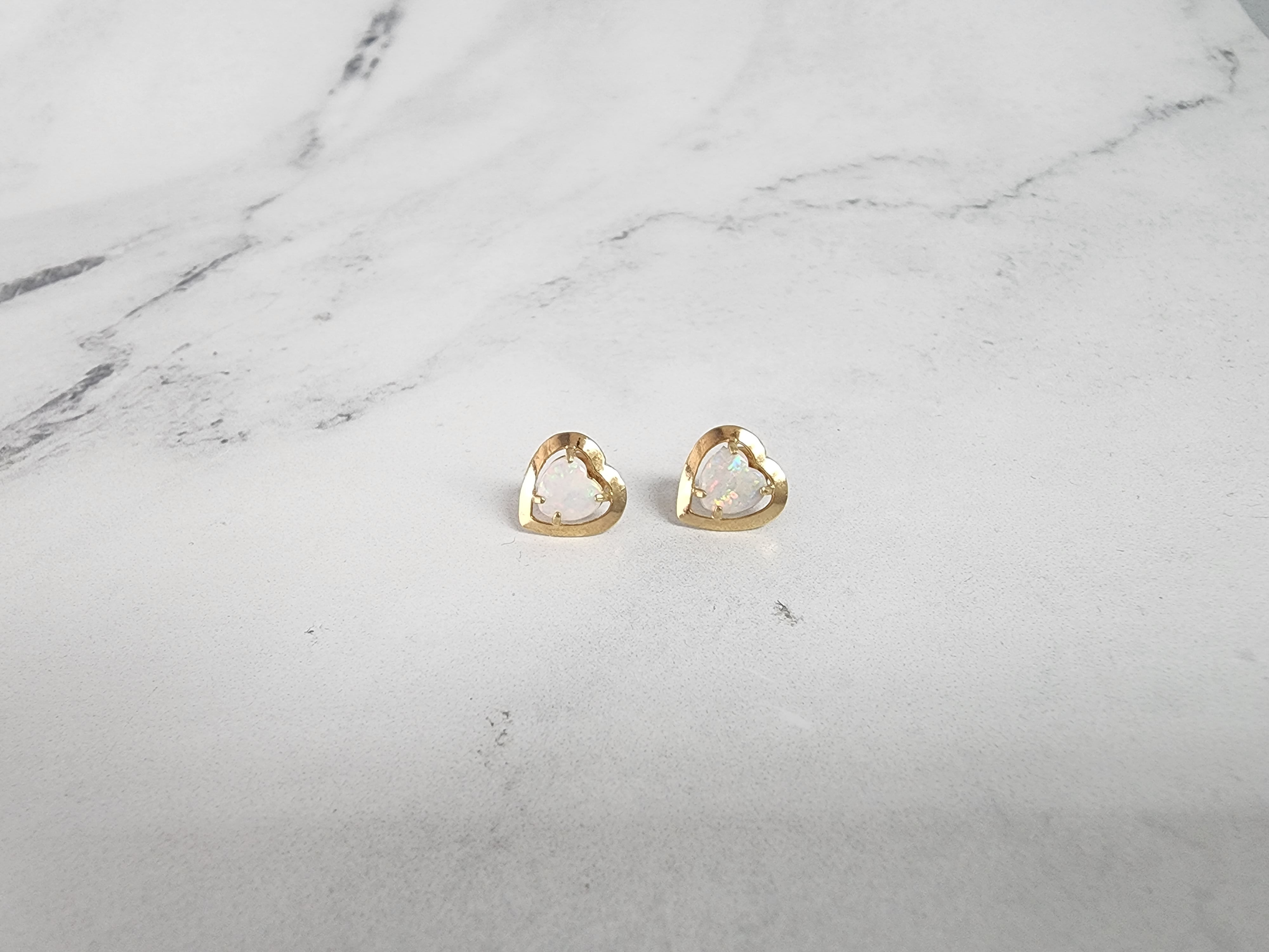14K Yellow Gold Heart Shaped Opal Stud Earrings with Polished Frame - Perfect for Valentine's Day, Anniversary Gifts & Romantic Occasions