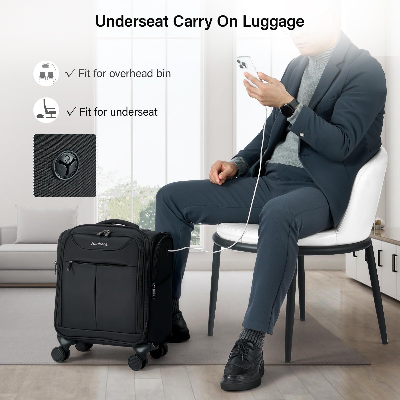 Hanke 16 Inch Underseat Carry On Luggage with 360° Spinner Wheels - Lightweight Airline Approved Softside Travel Bag for Women & Men - Compact Personal Item Suitcase Fits Under Airplane Seat (Black) | Perfect for Business Trips, Weekend Getaways & Cabin Luggage