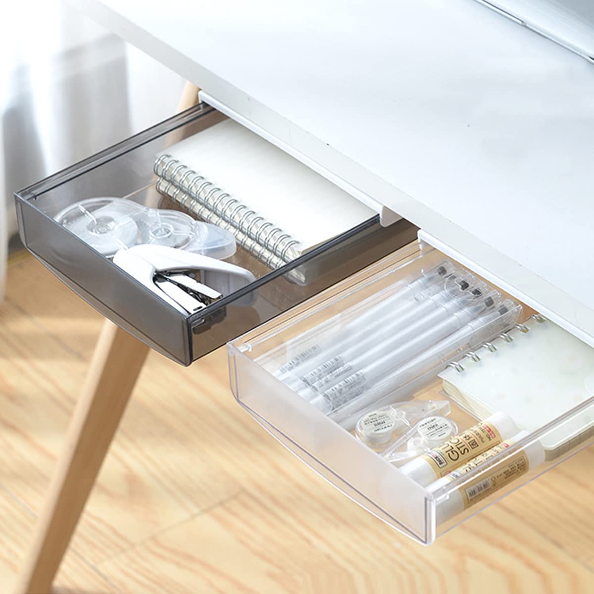 Self-Adhesive Under Desk Drawer Organizer - 2 Pack Hidden Slide-Out Storage Tray for Office Supplies, Stationery & Utensils - Perfect for Home Office, School Desk & Kitchen Countertop (Large, Black)