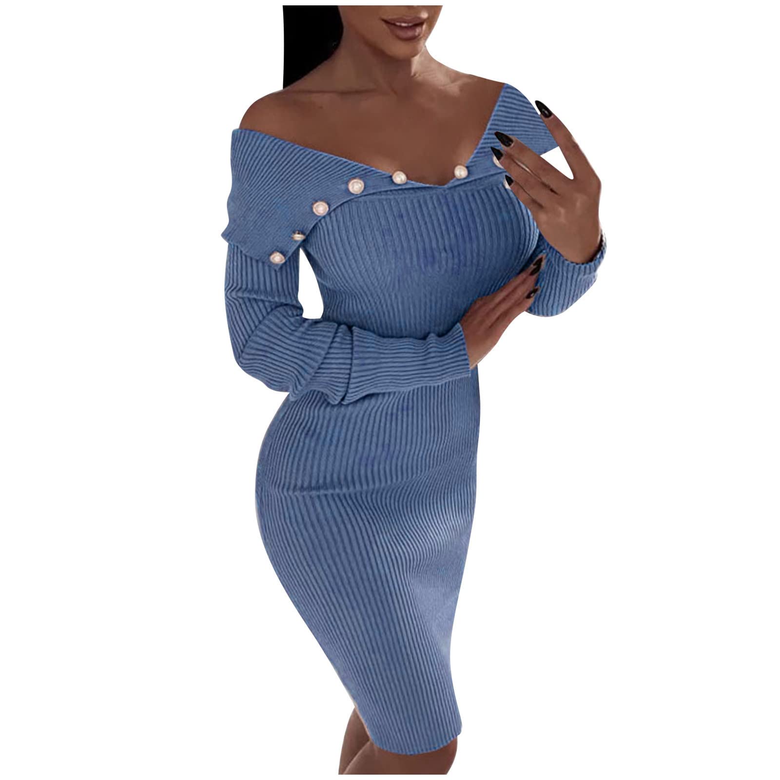 Women's Fall Knit Dress with Buttoned Waist & Long Sleeves - Elegant Hip-Length Party Dress for Holiday Gatherings, Office Wear & Date Nights