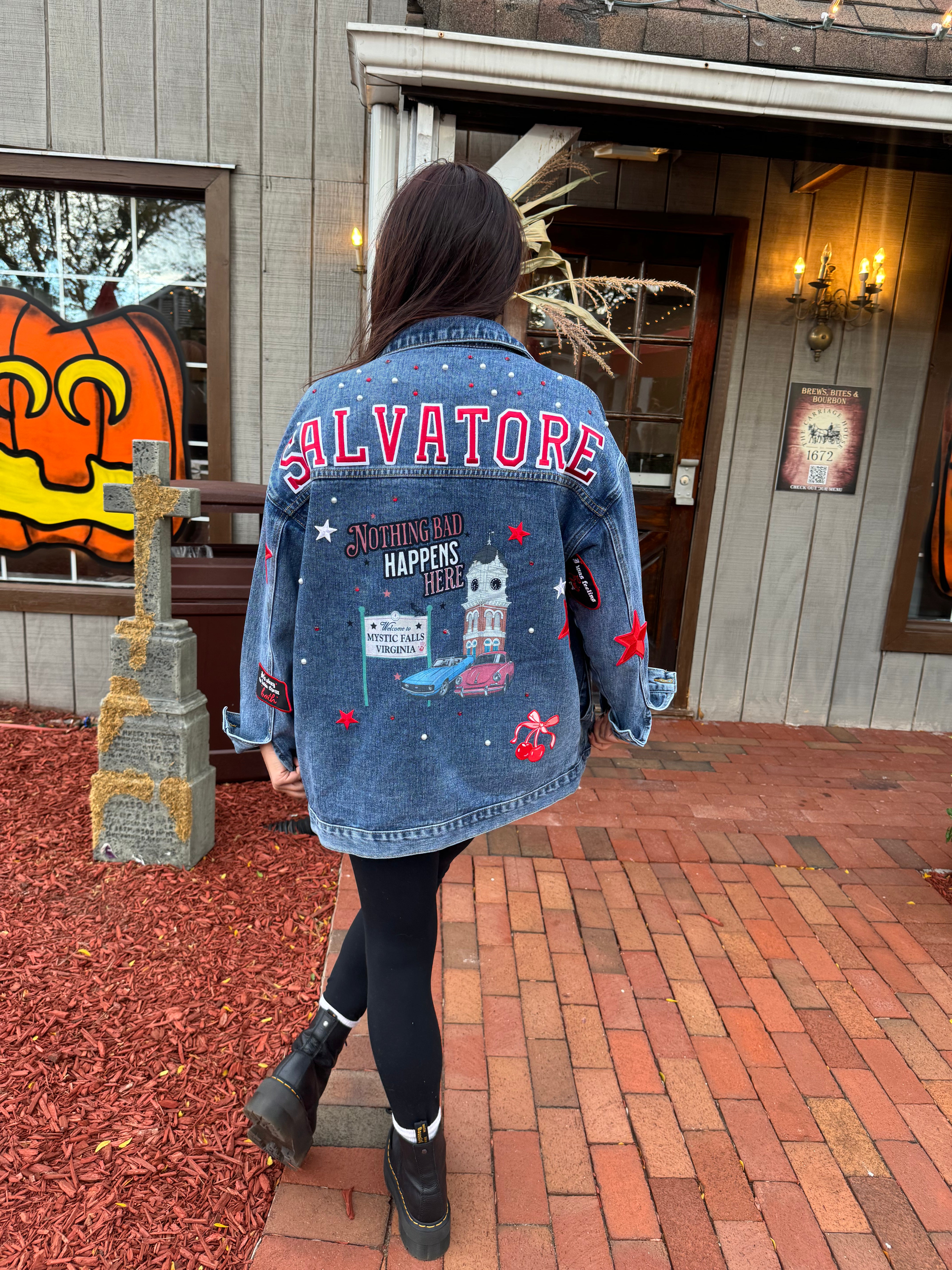 Customizable Mystic Falls Denim Jacket for Women & Men - DIY Distressed Denim Jacket with Patches - Perfect for Casual Wear, Street Style & Music Festivals