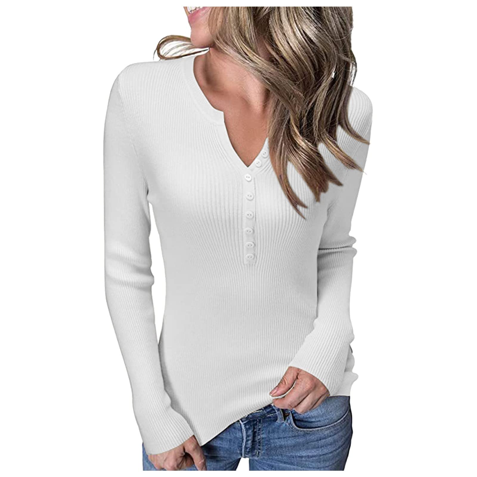 Women's V-Neck Ribbed Knit Sweater - Long Sleeve Button Pullover Top, Slim Fit Solid Color Dressy Blouse (White) | Perfect for Office Wear, Date Nights & Casual Outfits