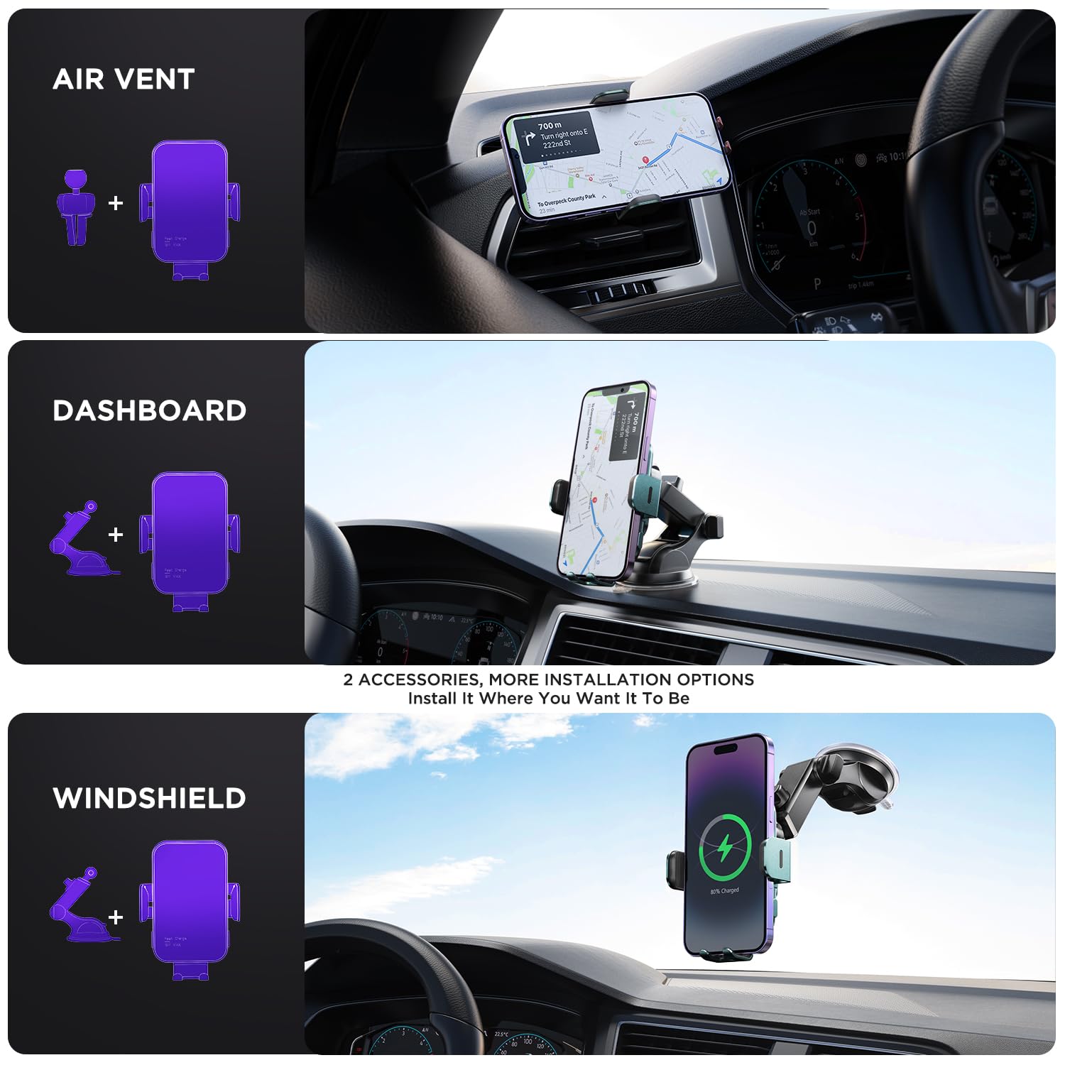 15W Fast Wireless Car Charger with Auto Clamping & 7-Color LED Backlight - Compatible with iPhone 14/13/12/11/X, Samsung Galaxy S23/S22/S21/S10/Note 20 - Perfect for Hands-Free Charging While Driving (Green)