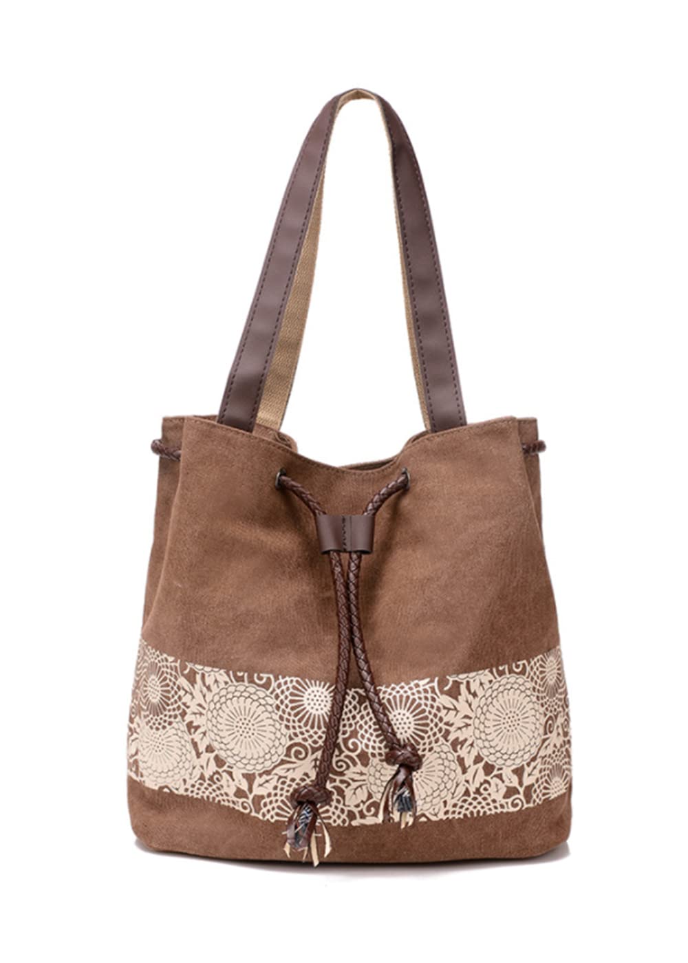 Vintage Floral Print Women's Canvas Shoulder Bag - YAQUNICER Drawstring Handbag Purse for Casual Outings, Travel & Everyday Use