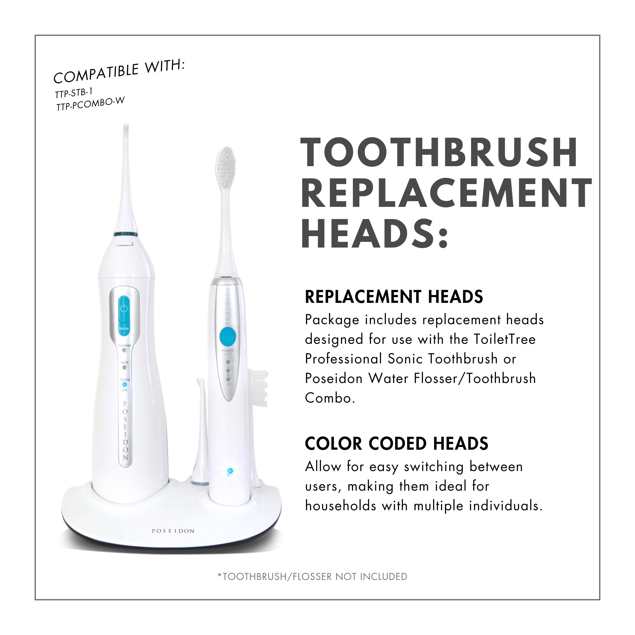 ToiletTree Poseidon Replacement Brush Heads 8 Pack - Compatible with Poseidon Rechargeable Sonic Toothbrush | Soft Bristles for Gentle Cleaning | Perfect for Travel & Family Oral Care