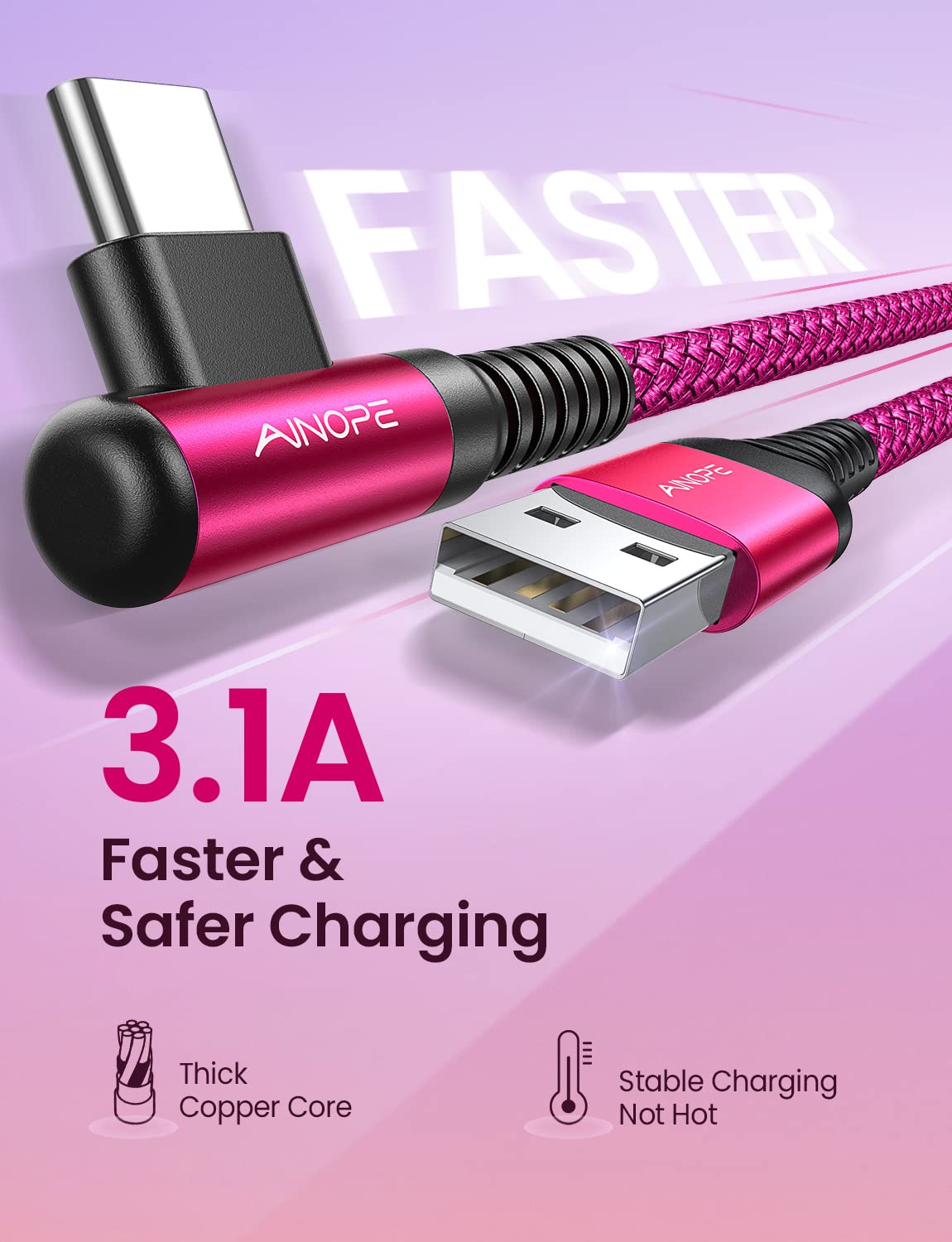 AINOPE 2 Pack 6.6ft USB C Fast Charging Cables (3.1A, Right Angle, Nylon Braided) - Compatible with Samsung S10/S20, Huawei P10/P30, Google Pixel 3/4, Sony Xperia, LG G8 - Perfect for Home, Office & Travel Charging