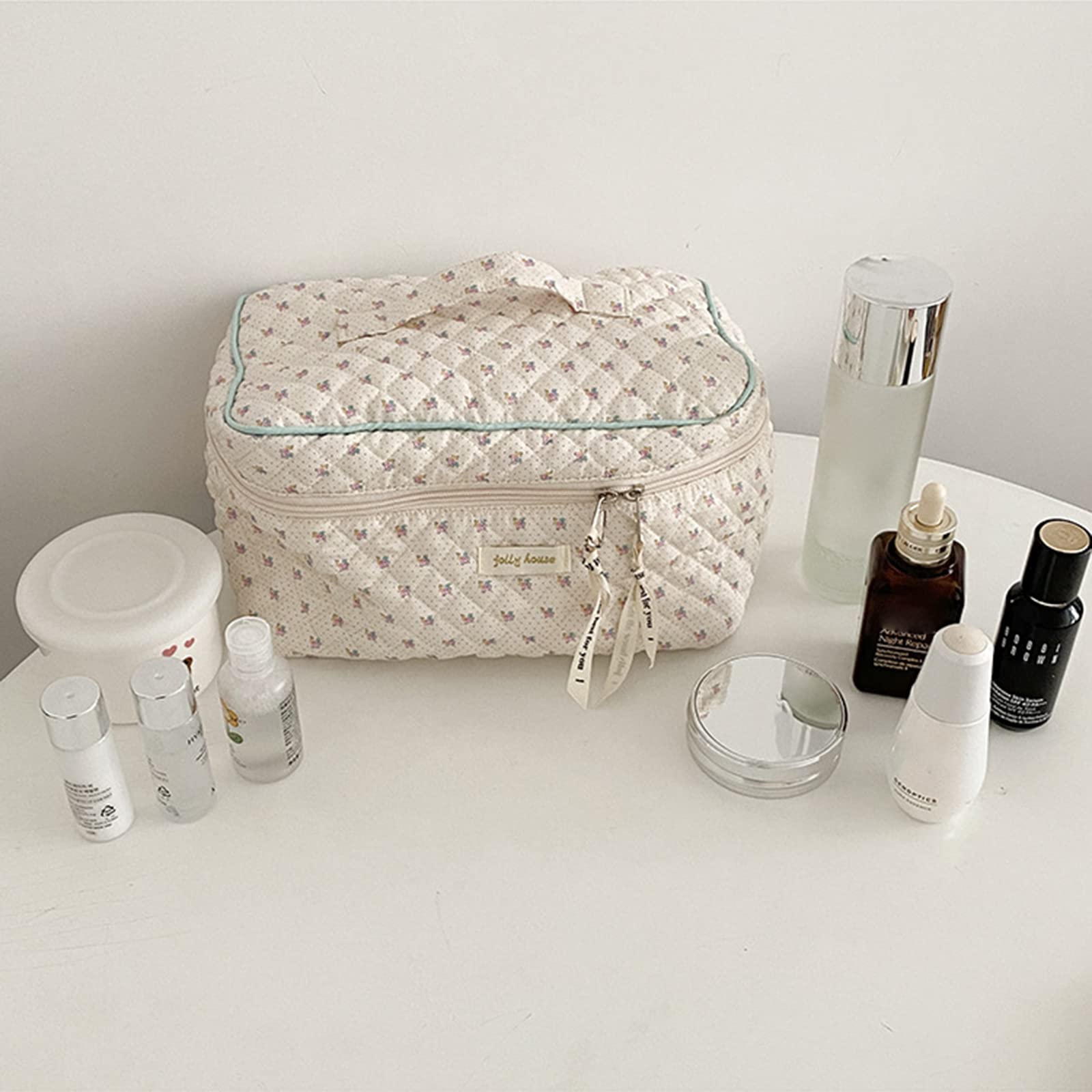 Large Cotton Makeup Bag for Women - Waterproof Cosmetic Travel Organizer with High Capacity, Portable Washable Storage Pouch (White) - Perfect for Travel, Gym, Daily Cosmetics Organization & Gift Giving