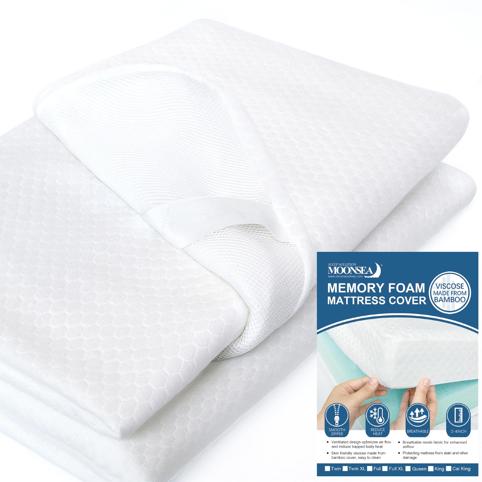 Full Size Mattress Topper Cover - 3-4 Inch Memory Foam Protector with Zipper | Bamboo Viscose & 3D Mesh Fabric Backing | Removable Latex Mattress Cover with Straps | Perfect for Bedding Protection & Allergy Relief