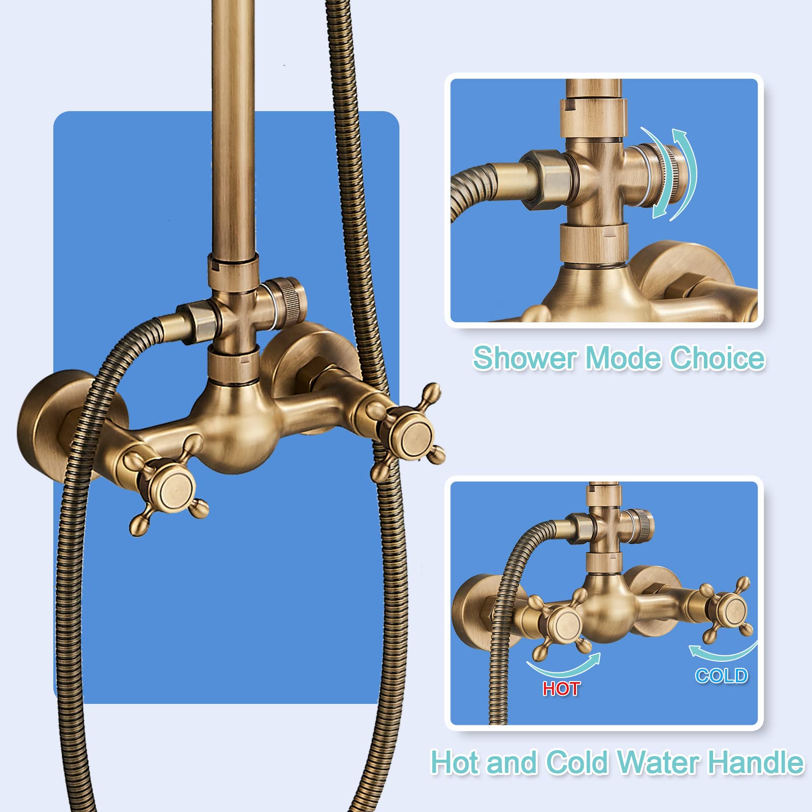 Antique Brass Shower System - 8 Inch Rainfall Shower Head & Handheld Spray - Wall Mounted Bathroom Faucet Set with 2 Cross Handles - Solid Brass Construction - Perfect for Outdoor Showers, Master Bathrooms & Spa-Like Experiences