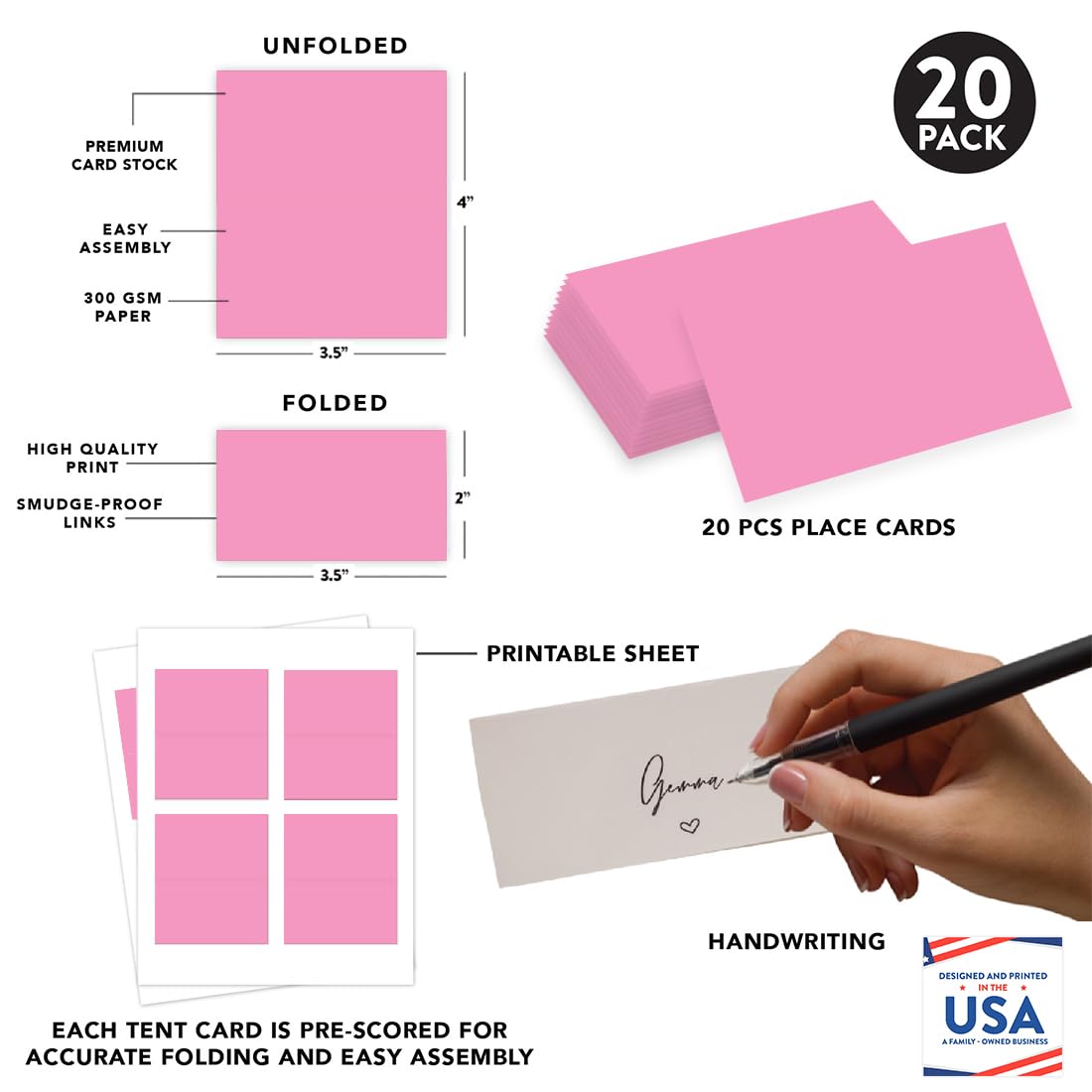 Andaz Press Printable Table Tent Place Cards - 20-Pack Pink Blank Name Cards for Wedding, Baby Shower & Graduation | Perfect for Seat Placements, Table Settings & Food Labeling