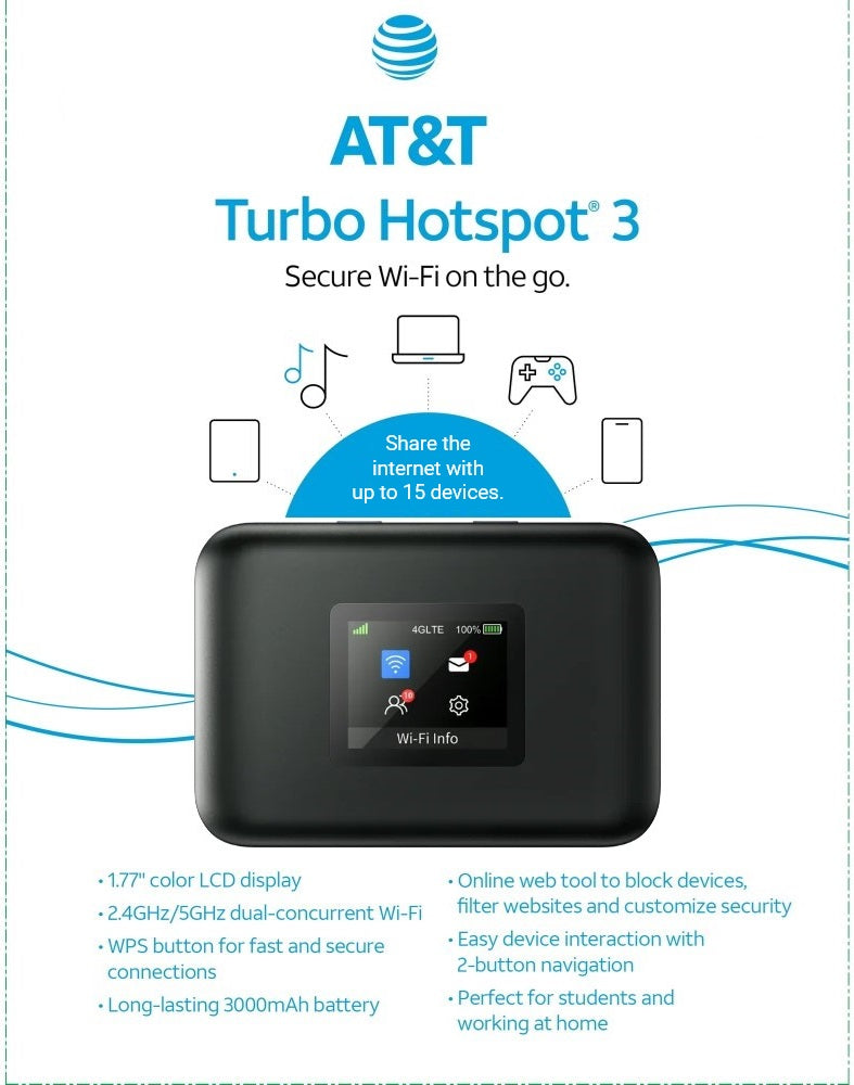 Renewed AT&T Turbo Hotspot 3 Mobile WiFi Router - AT&T Locked (Like New, Black) | Portable Internet for Travel, Remote Work & Emergency Connectivity