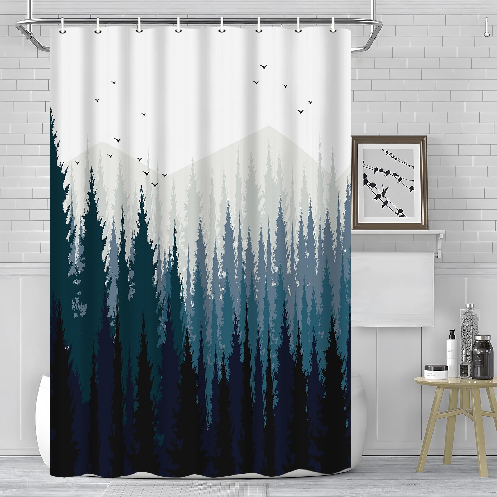 RV Camper Shower Curtain Set - 47x64 Inch Nature Mountain Tree Rustic Forest Design for Travel Trailers & Happy Cabin Camping - Waterproof Fabric Bathroom Decor with Hooks | Perfect for RV Bathrooms, Tiny Homes & Outdoor Adventures