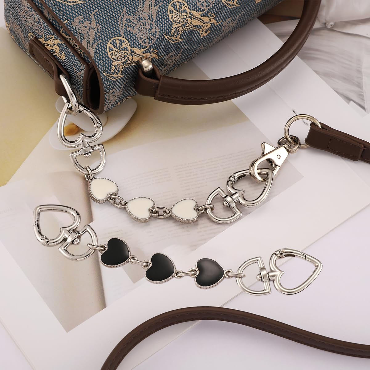 Anbys Silver Purse Extender Chain - Adjustable Bag Strap Extender with Heart Charms (White/Black) for Handbags, Crossbody Bags & Tote Bags