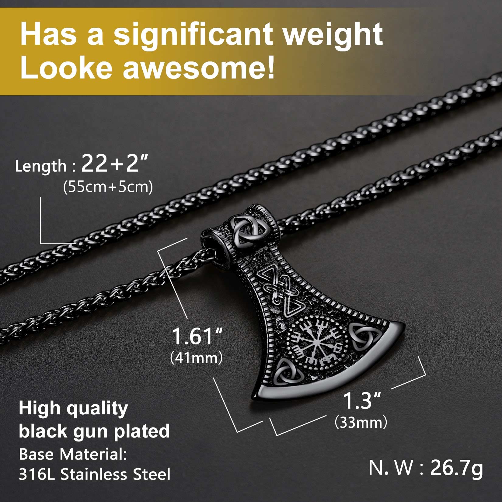 ChainsProMax Solid Norse Axe Necklace - Viking Jewelry with Stainless Steel/Gold Plated/Black Chain - Perfect Gift for Men & Women - Ideal for Viking Lovers, Cosplay, and Norse Mythology Enthusiasts