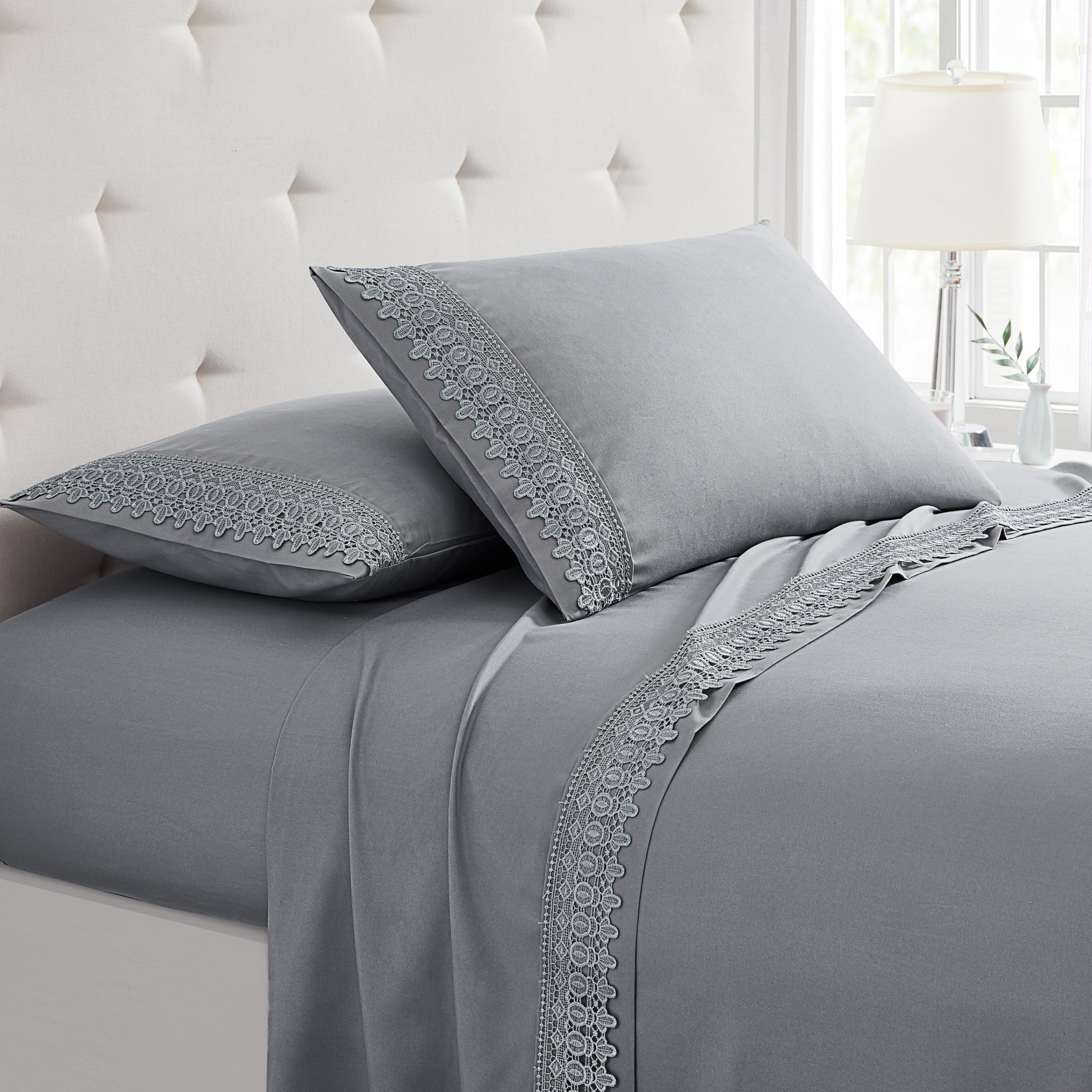 Premium King Size Sheet Set - Ultra Soft Lace Microfiber Bedding by Spirit Linen (Est. 1988) | Lightweight, Breathable & Wrinkle-Resistant | All-Season Comfort in Elegant Grey | Perfect for Master Bedrooms, Guest Rooms & Luxury Hotels