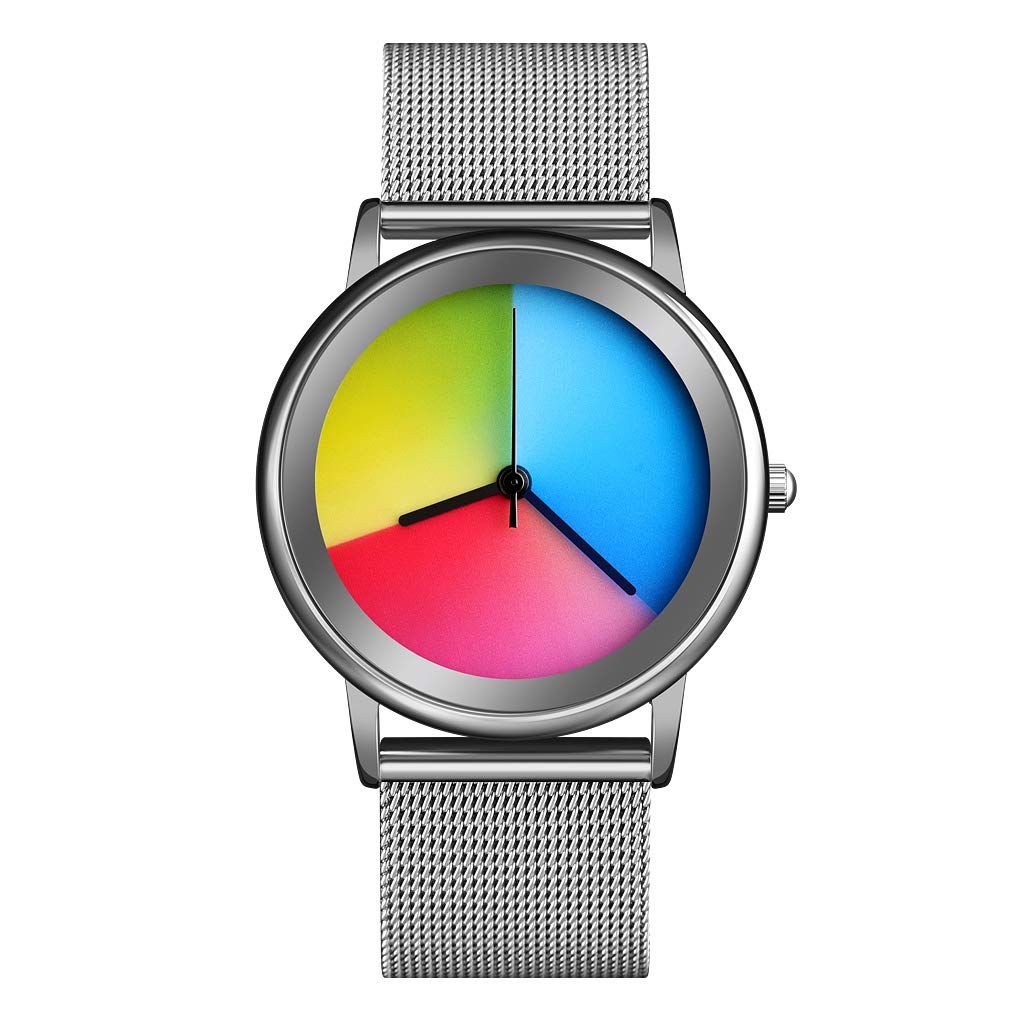 CakCity Women's Waterproof Stainless Steel Quartz Analog Watch - Fashion Rainbow Round Dial Colorful Wristwatch for Girls & Ladies - Perfect for Casual Wear, Office, Dating & Gift Giving