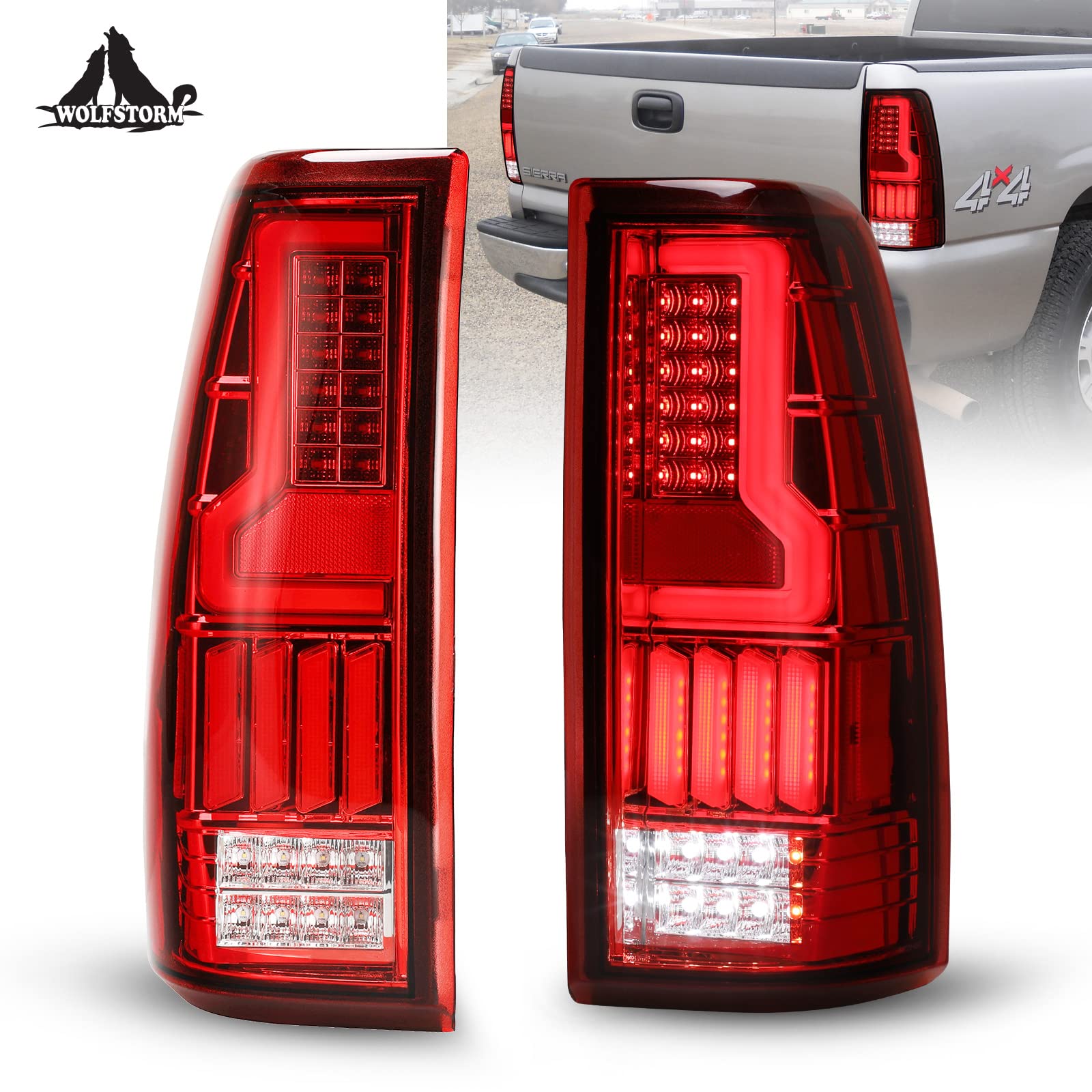 WOLFSTORM LED Tail Lights for 1999-2006 Chevy Silverado & 1999-2002 GMC Sierra - Red Lens (1 Pair) - Not Compatible with Barn Door/Stepside Models - Upgrade Your Truck Lighting for Night Driving & Enhanced Safety