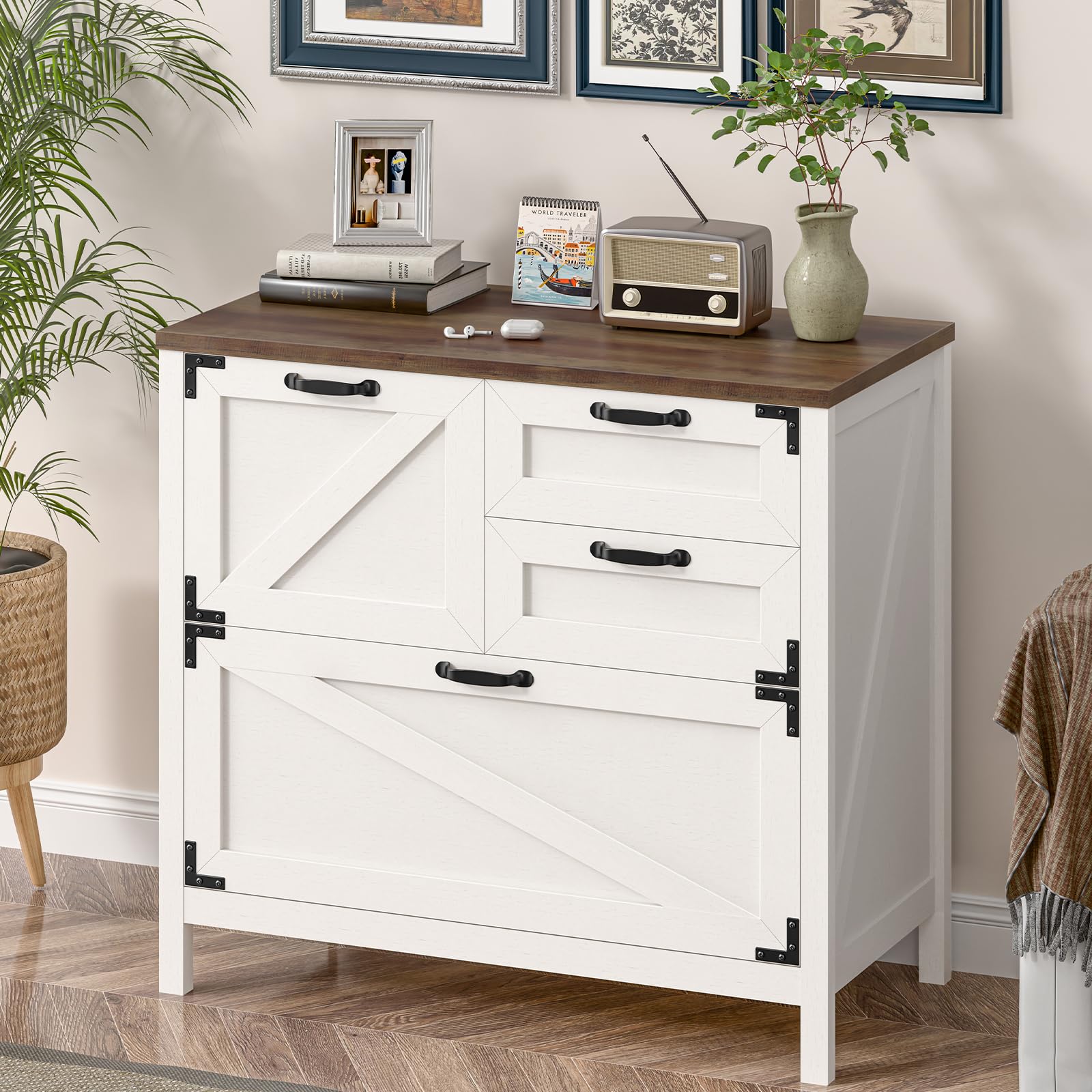 4-Drawer Wood Lateral File Cabinet for Hanging Files - Letter/A4/Legal Size Storage - Farmhouse Style Home Office Furniture with Printer Stand (White & Brown) - Perfect for Organizing Documents in Small Offices, Study Rooms & Workspaces