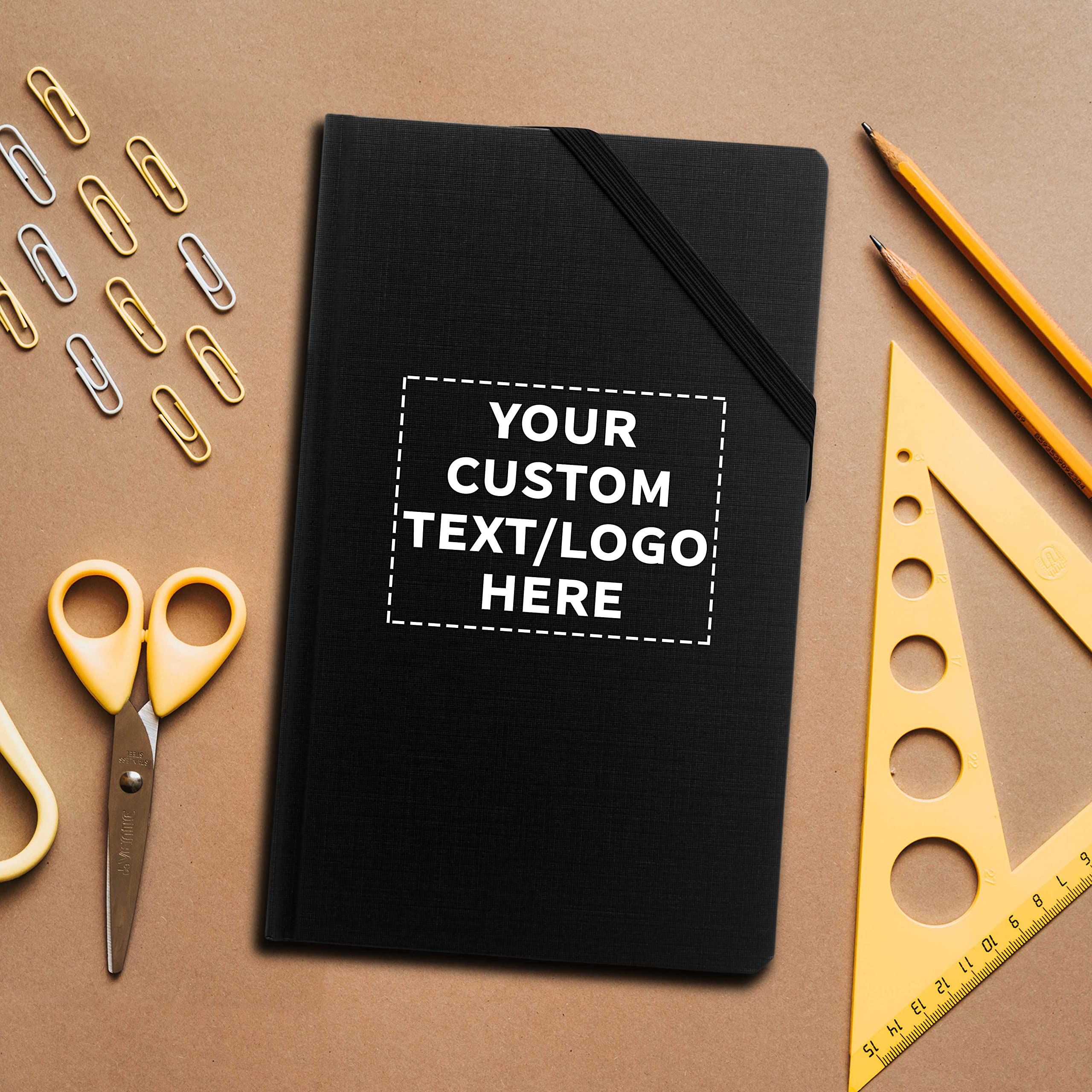 24 Pack Hardcover Journals with Corner Band - Customizable Text & Logo - Elegant Medium Size Black Notebooks for Office, School, Travel & Gift Giving