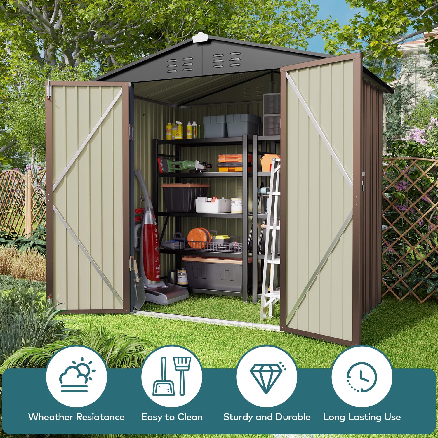 Gizoon 6x4 FT Galvanized Metal Outdoor Storage Shed - Double Lockable Doors, Weather-Resistant Garden Shed for Backyard, Patio & Lawn (Light Brown) - Perfect for Storing Tools, Equipment & Seasonal Items