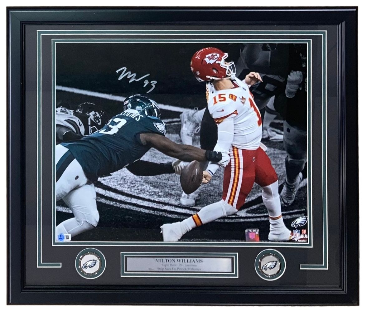 Milton Williams Autographed Philadelphia Eagles Super Bowl 59 Strip Sack Framed 16x20 Photo - Signed Memorabilia for Eagles Fans, Sports Collectors, and Man Cave Decor