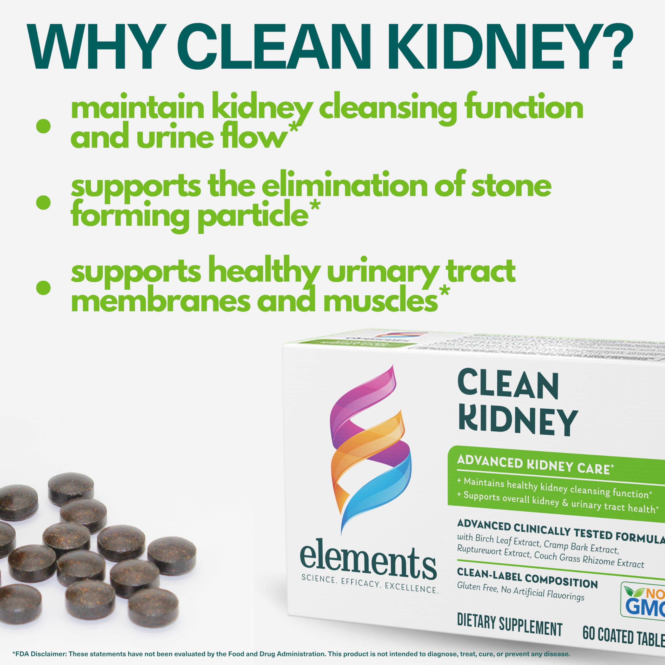 Elements Clean Kidney Supplement - 60 Tablets (30 Day Supply) | Advanced Kidney Support for Urinary Tract Health & Normal Function | Gluten Free Formula | Ideal for Daily Kidney Care & Detox